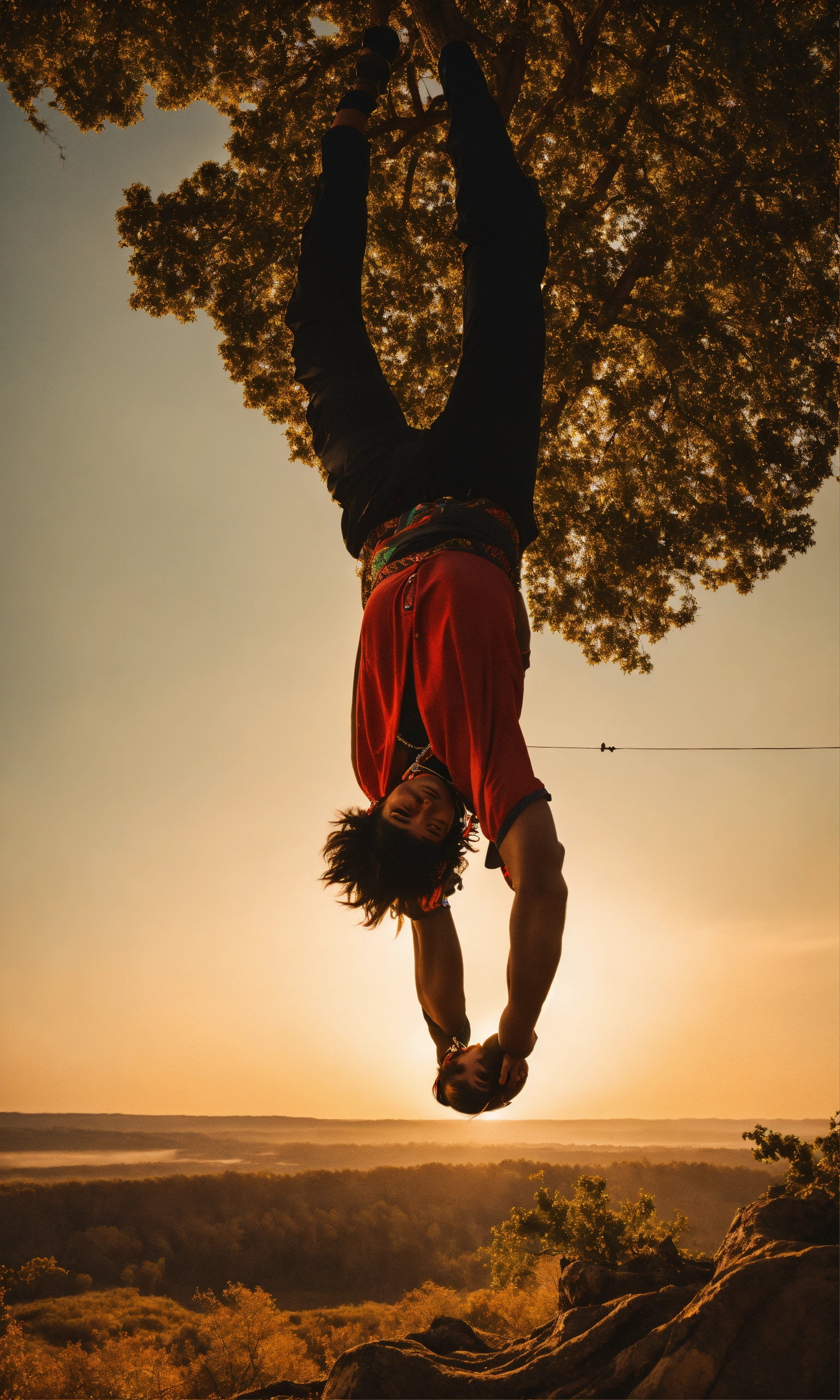 Lexica - Cinematic image of indigenous man of North America hanging upside down from a tree