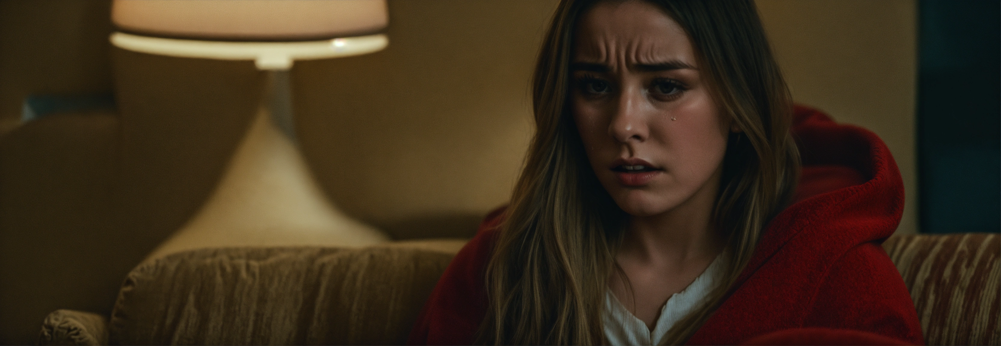 Lexica - A beautiful young woman sits alone on a couch, frightened and ...
