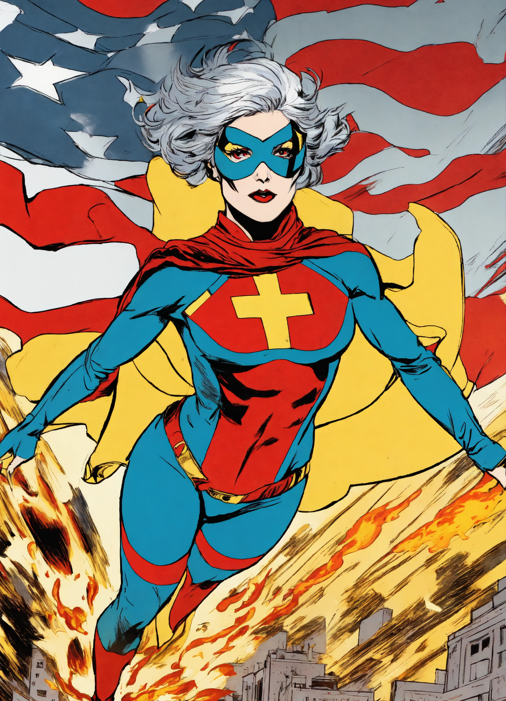 Lexica - Masked silver-haired female superhero, flying pose, fiery red  eyes, sharp focus, art by Andy Warhol, wearing golden one-piece armor, very  fe..., image size:1664x2304