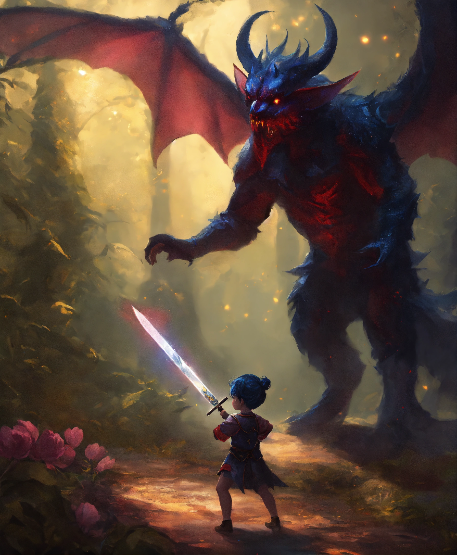 Lexica - A small pixie confronting a dark demon with a magic sword.