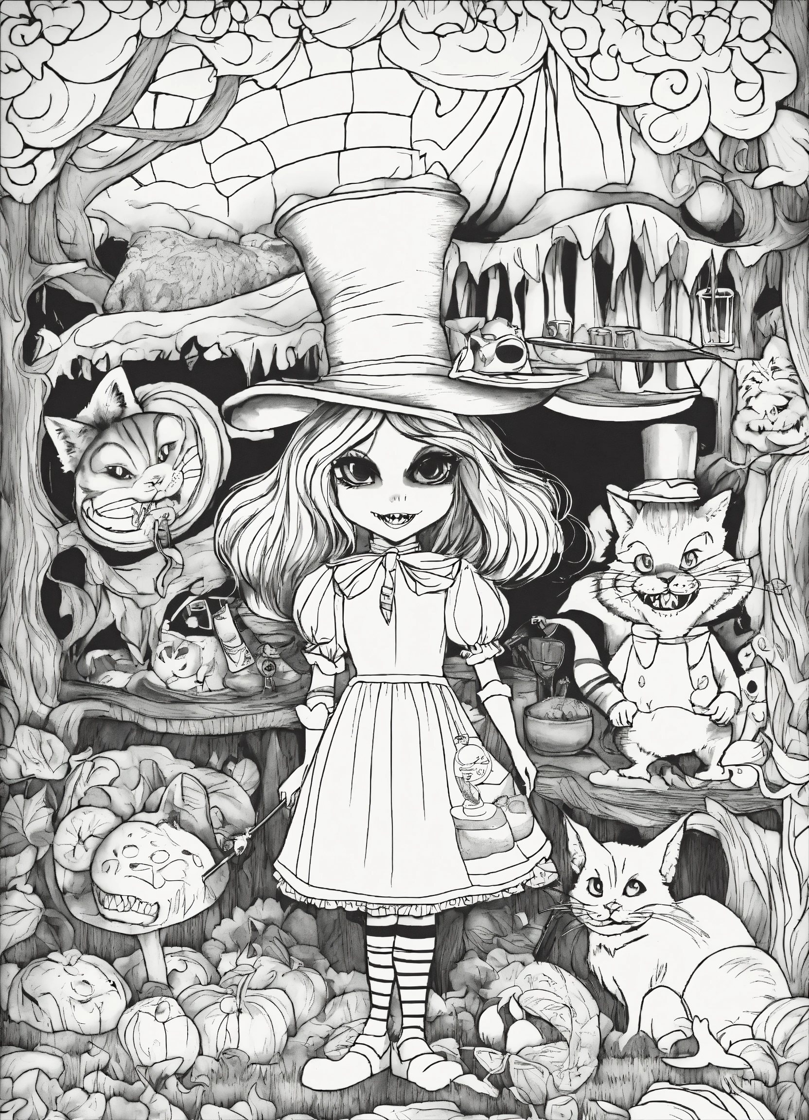 Lexica - SCARY COLORING BOOK, SINISTER ALICE IN WONDERLAND WITH MAD HATTER  AND CHESHIRE CAT, image size:1664x2304