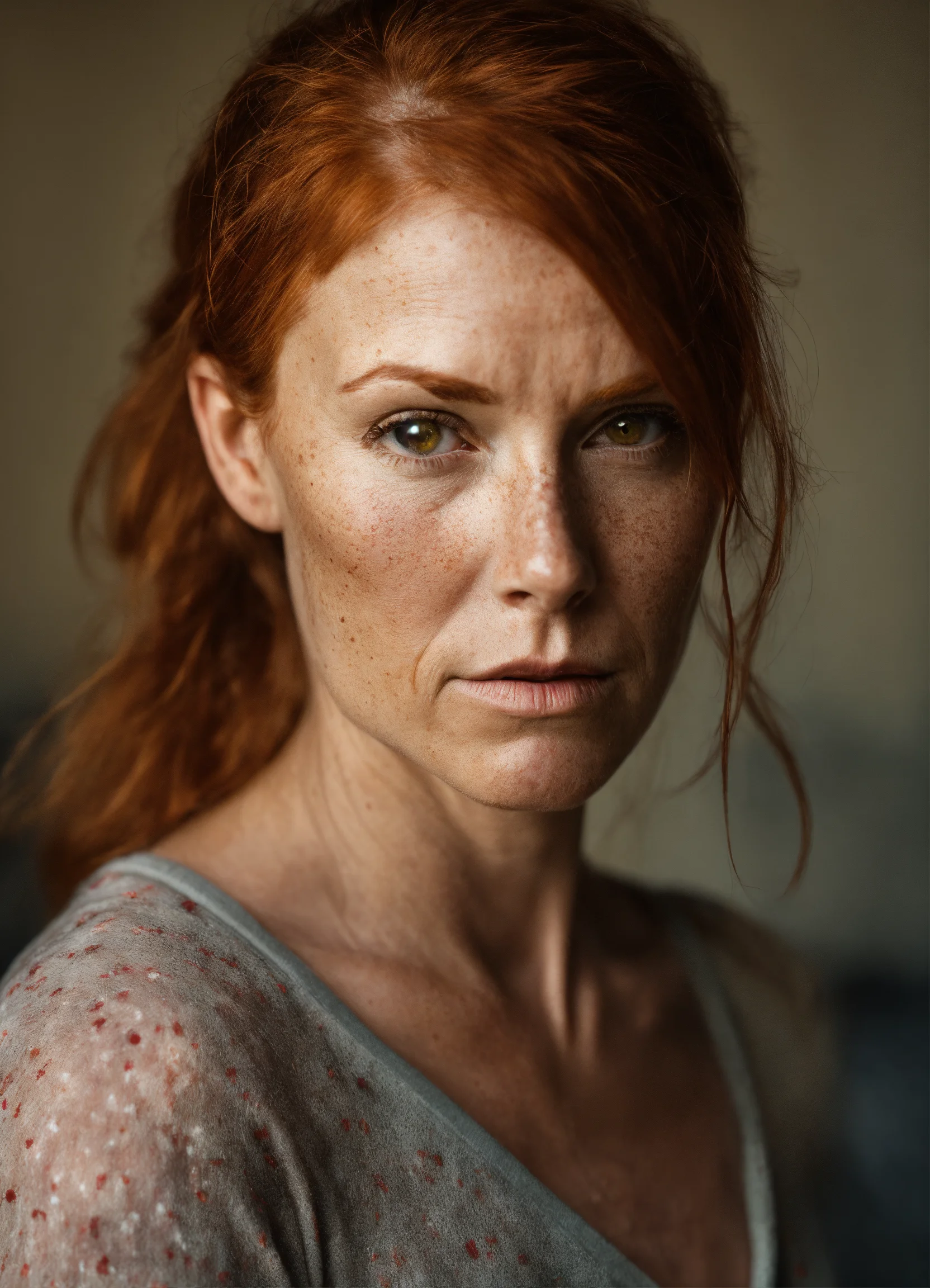 Lexica - Photo of a 50 years old redhead with brown shiny eyes, red hair in  a ponytail, deeply depressed expression, rounded cheeks with some freckle...