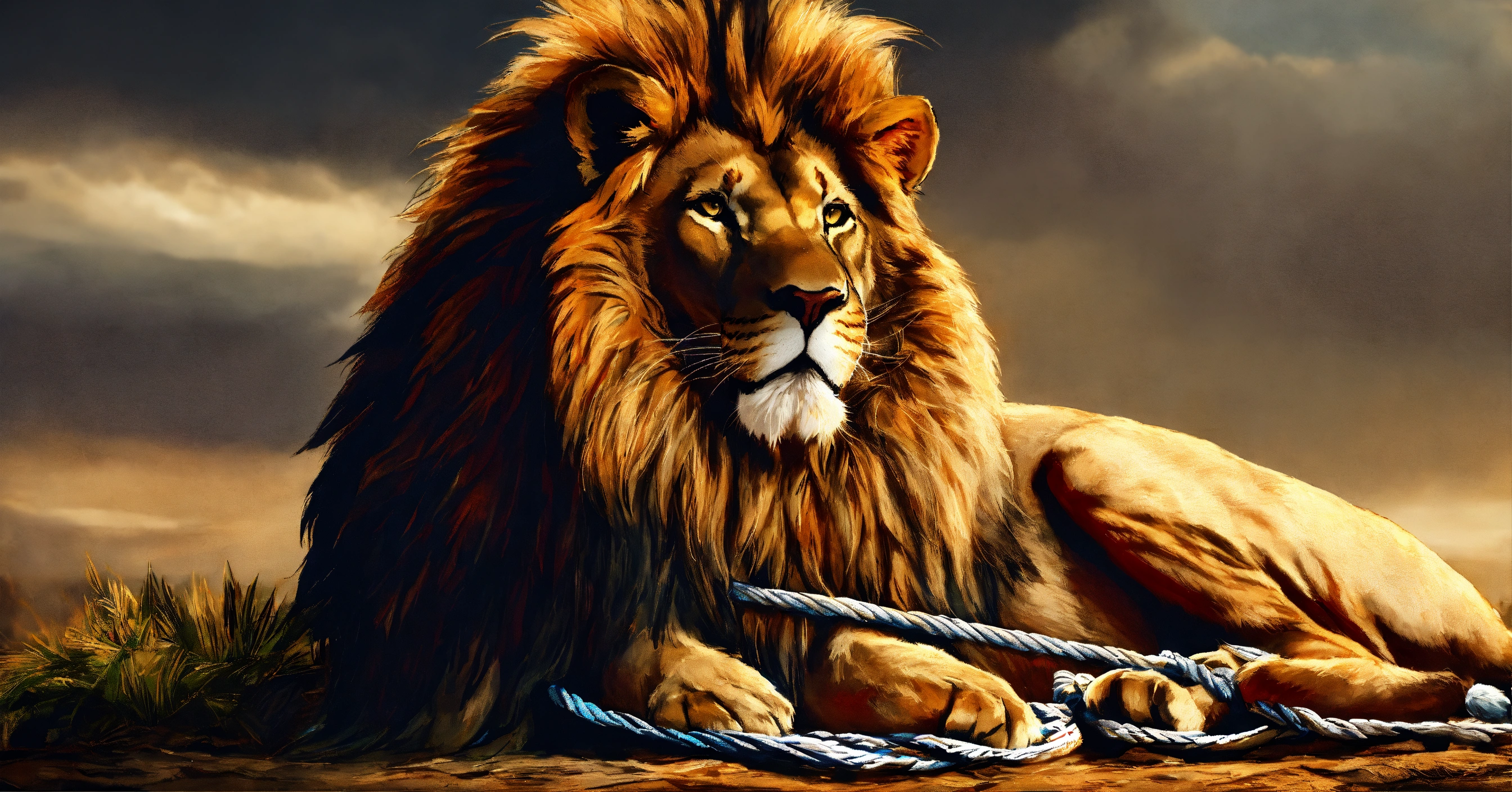 Lexica - A lion tied with ropes
