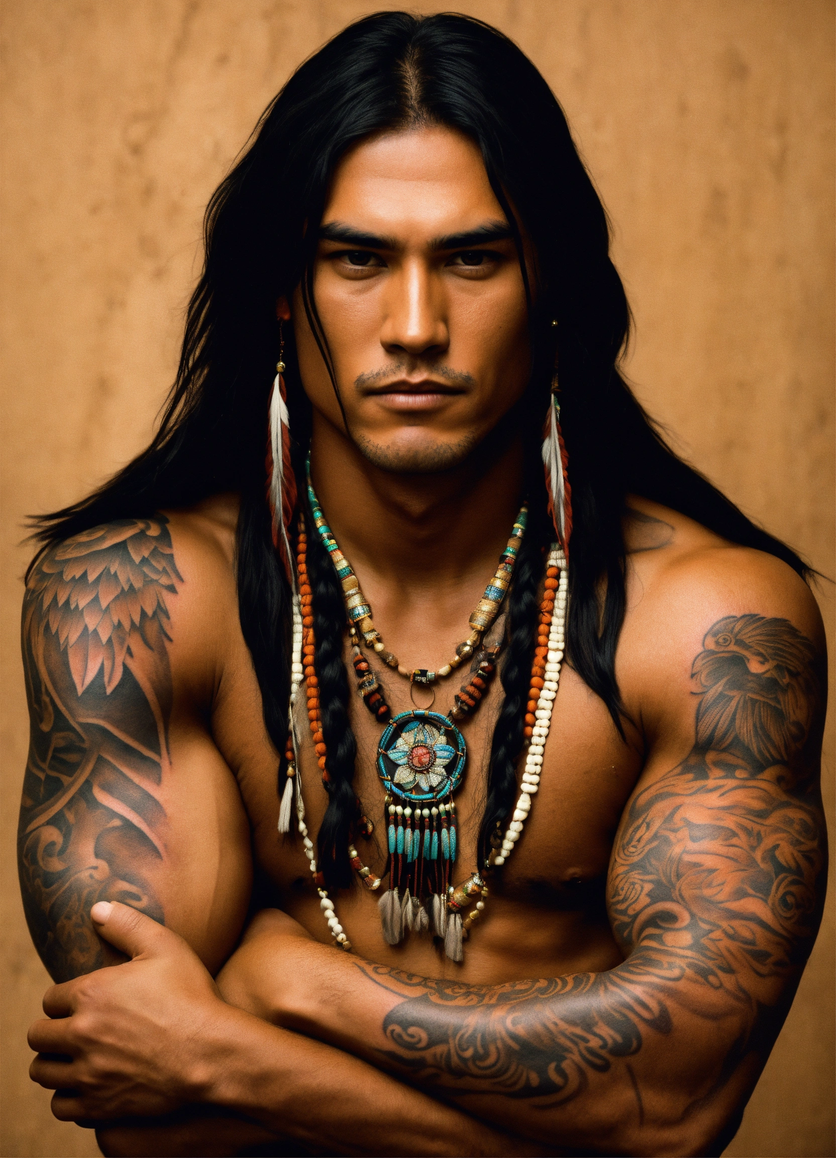 Lexica - Native American Tan Skinned Male Arms Crossed Long Hair tattoos