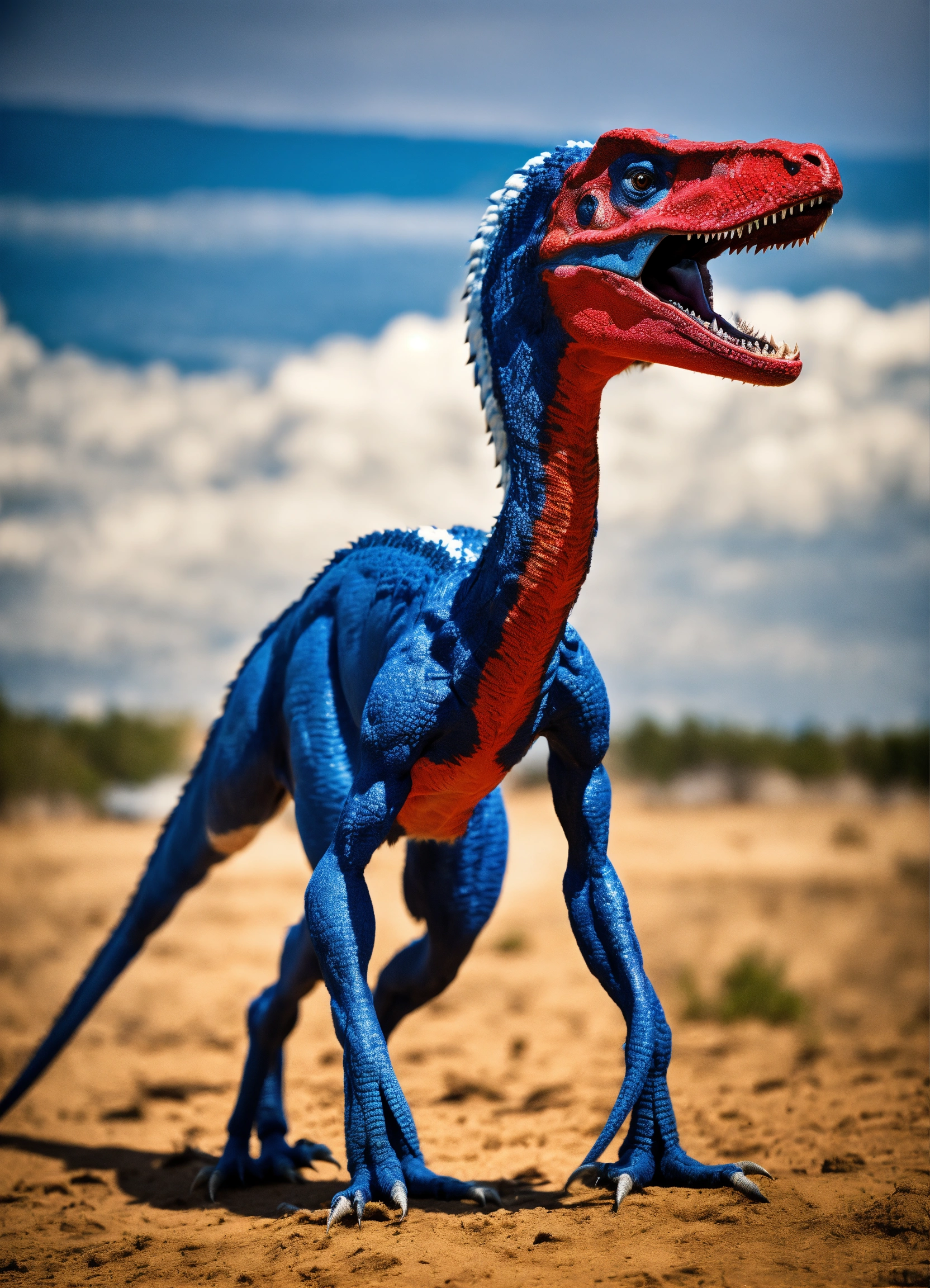 Lexica - Red white and blue velociraptor