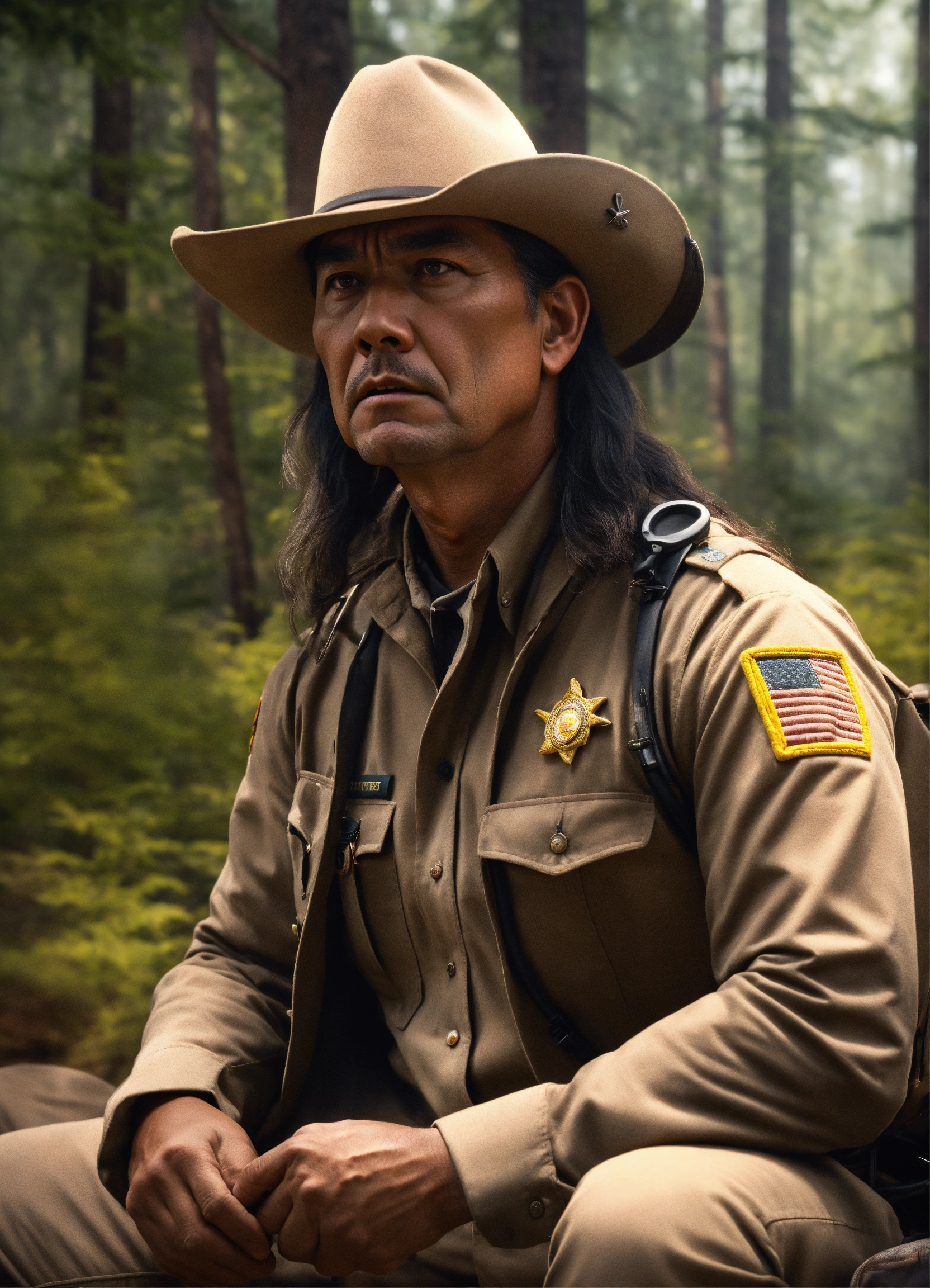 Lexica - Portrait of an native american park ranger man scared ...