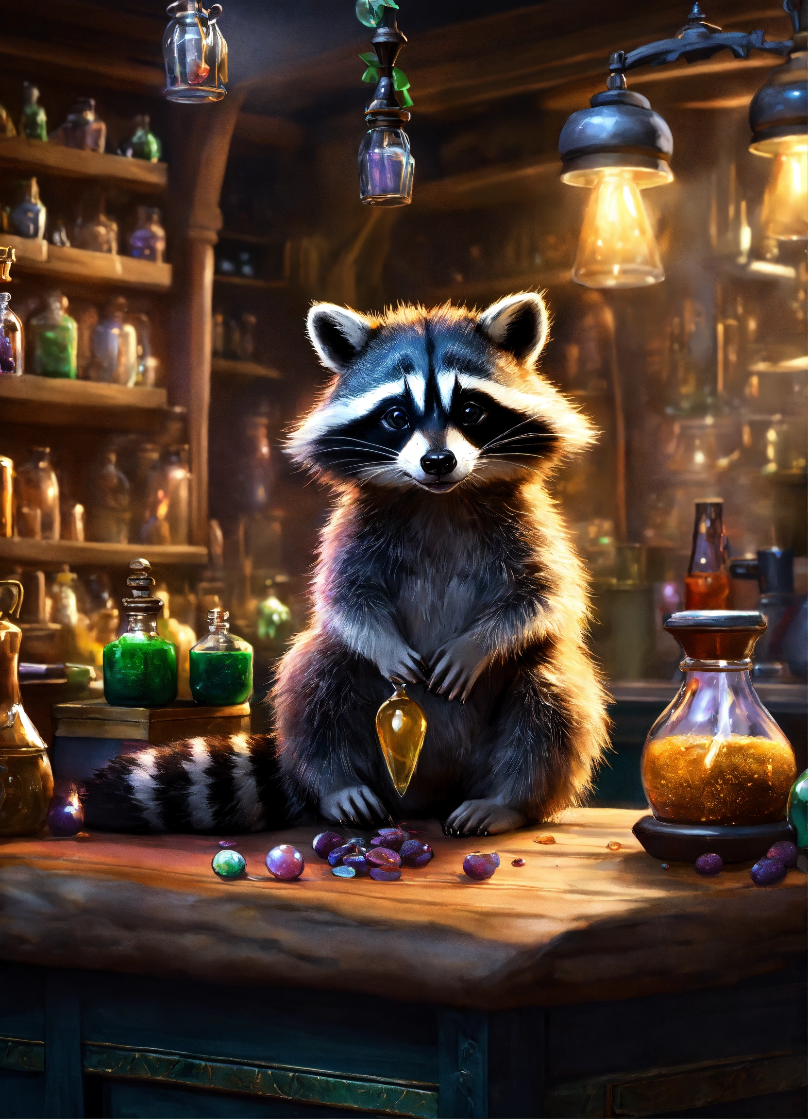 Lexica - Beautiful cute raccoon sitting on a counter in a potions and ...