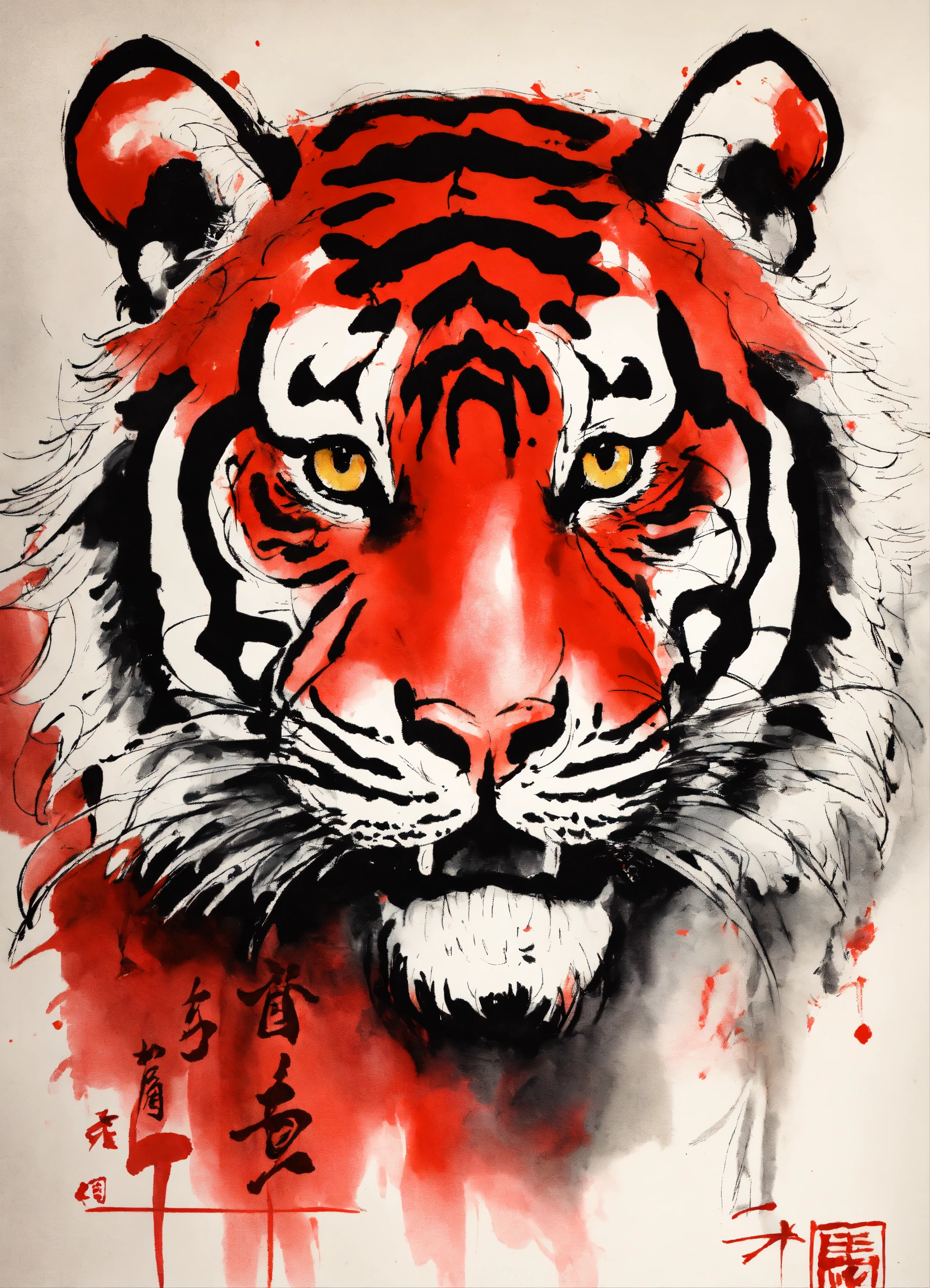 Lexica - Shuǐmò huà, 水墨画, black and red ink, a tiger in chinese style ...