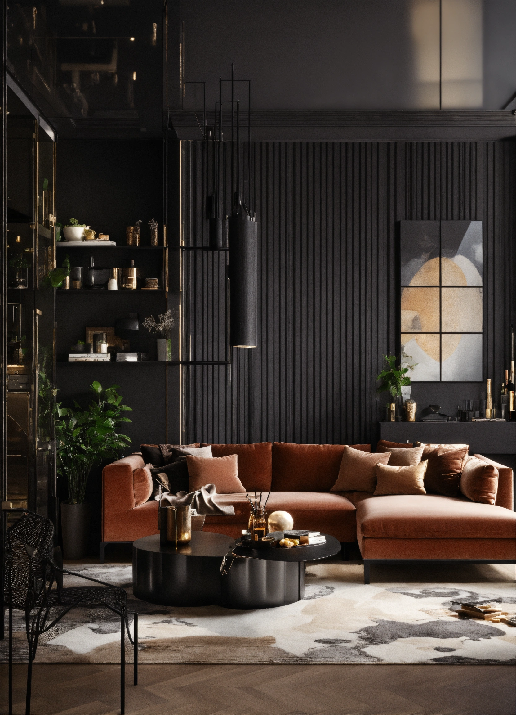 Lexica - Black interior design for a bedroom, living room and a kitchen