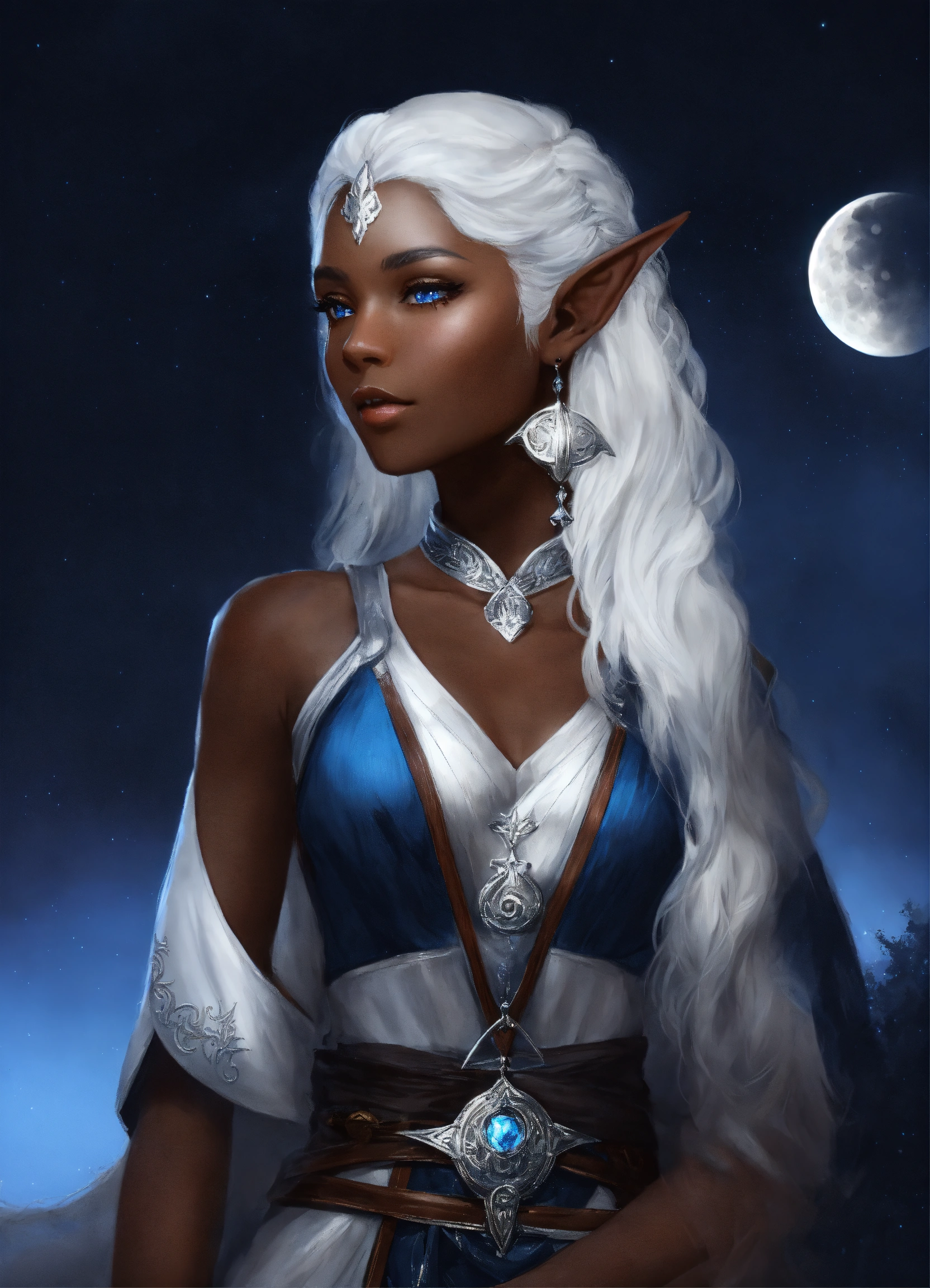 Lexica - A woman, moon, half elf,dark midnight brown skin, silver white ...