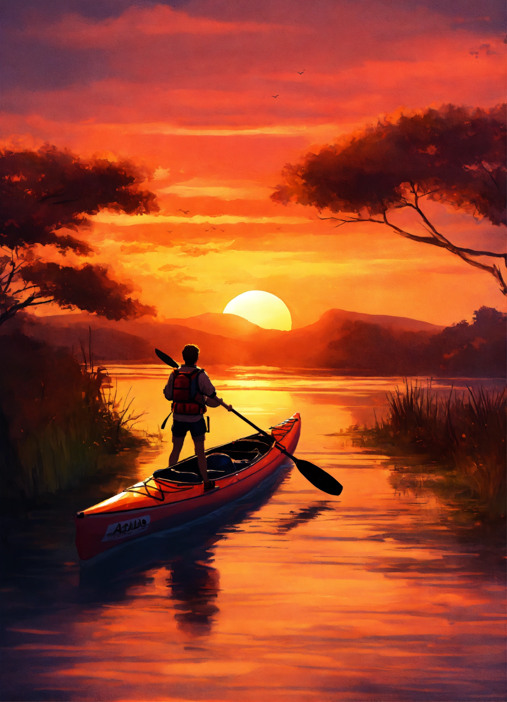Lexica - Person kayaking into the sunset, nature , digital painting ...