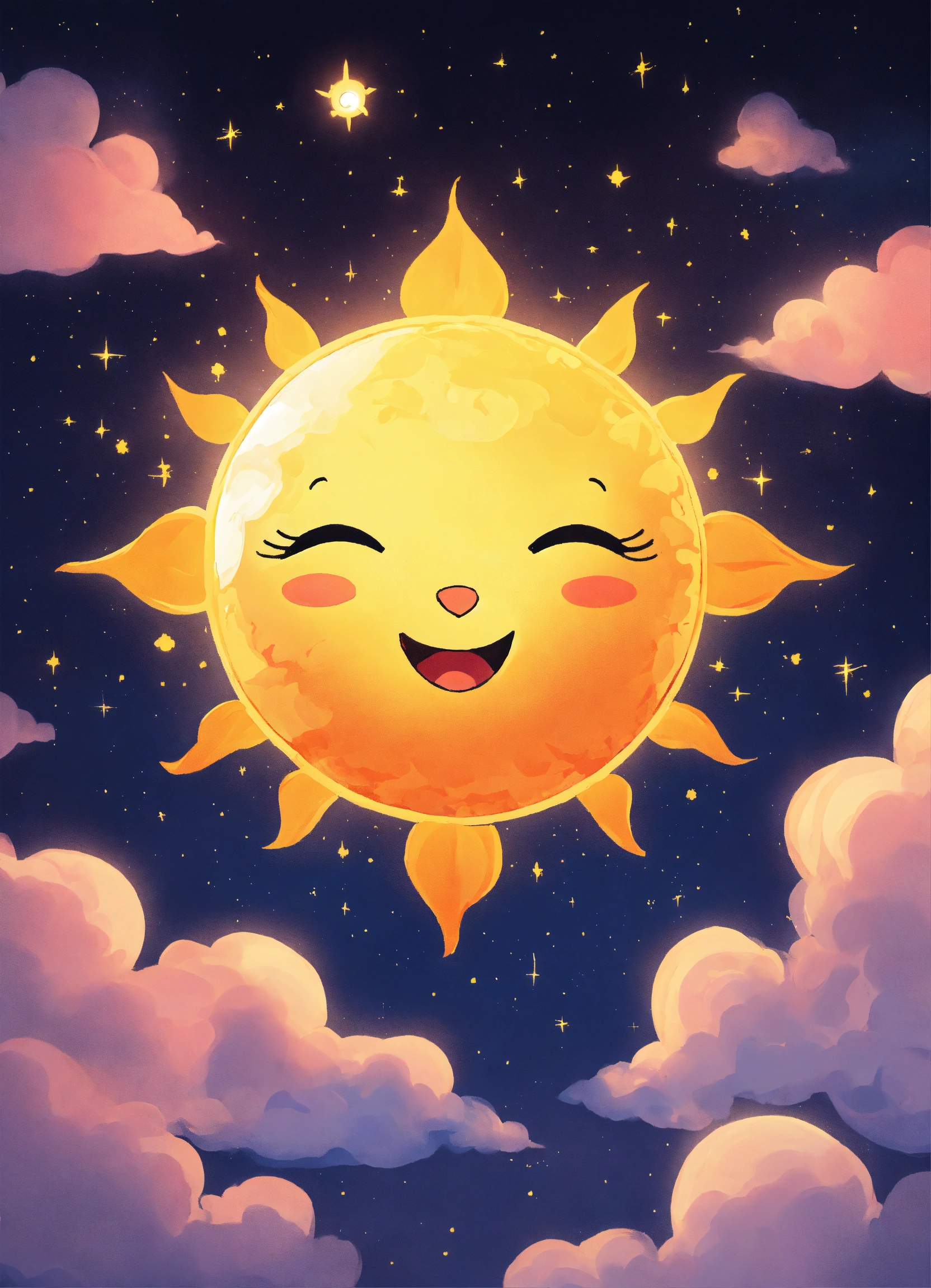 Lexica - An image of a cute Sun shining in the night sky, looking into ...