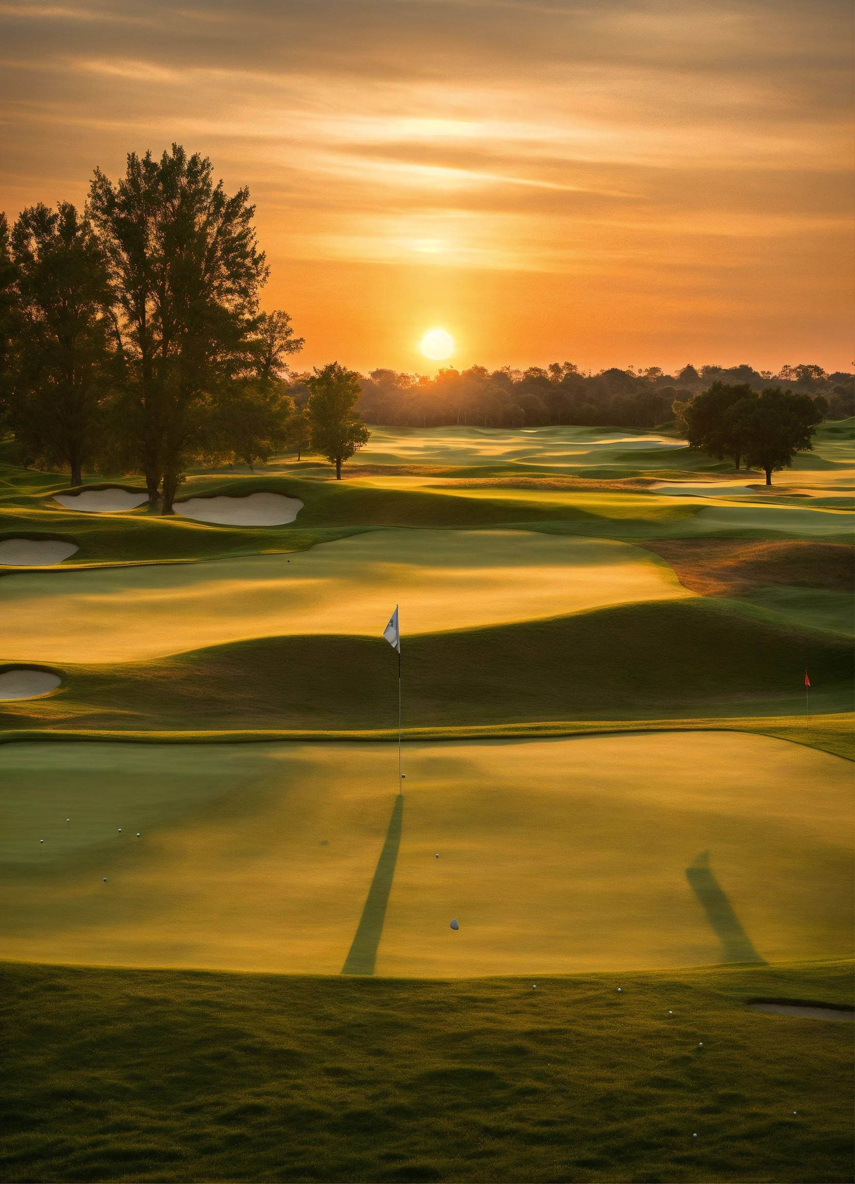 Lexica - Golf course at sunset, wide landscape