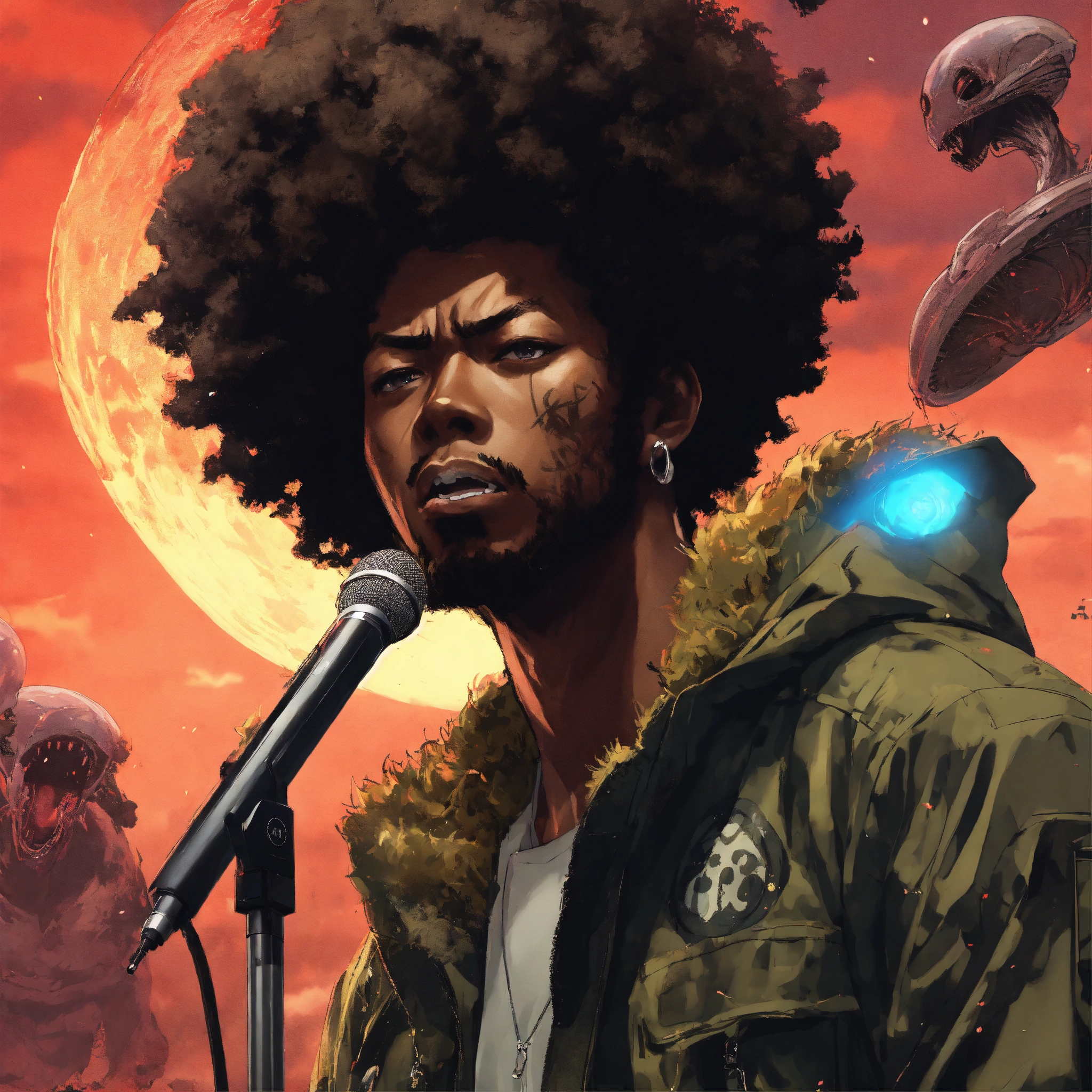 Lexica - Afro samurai anime, man rapping angrily on microphone with ...