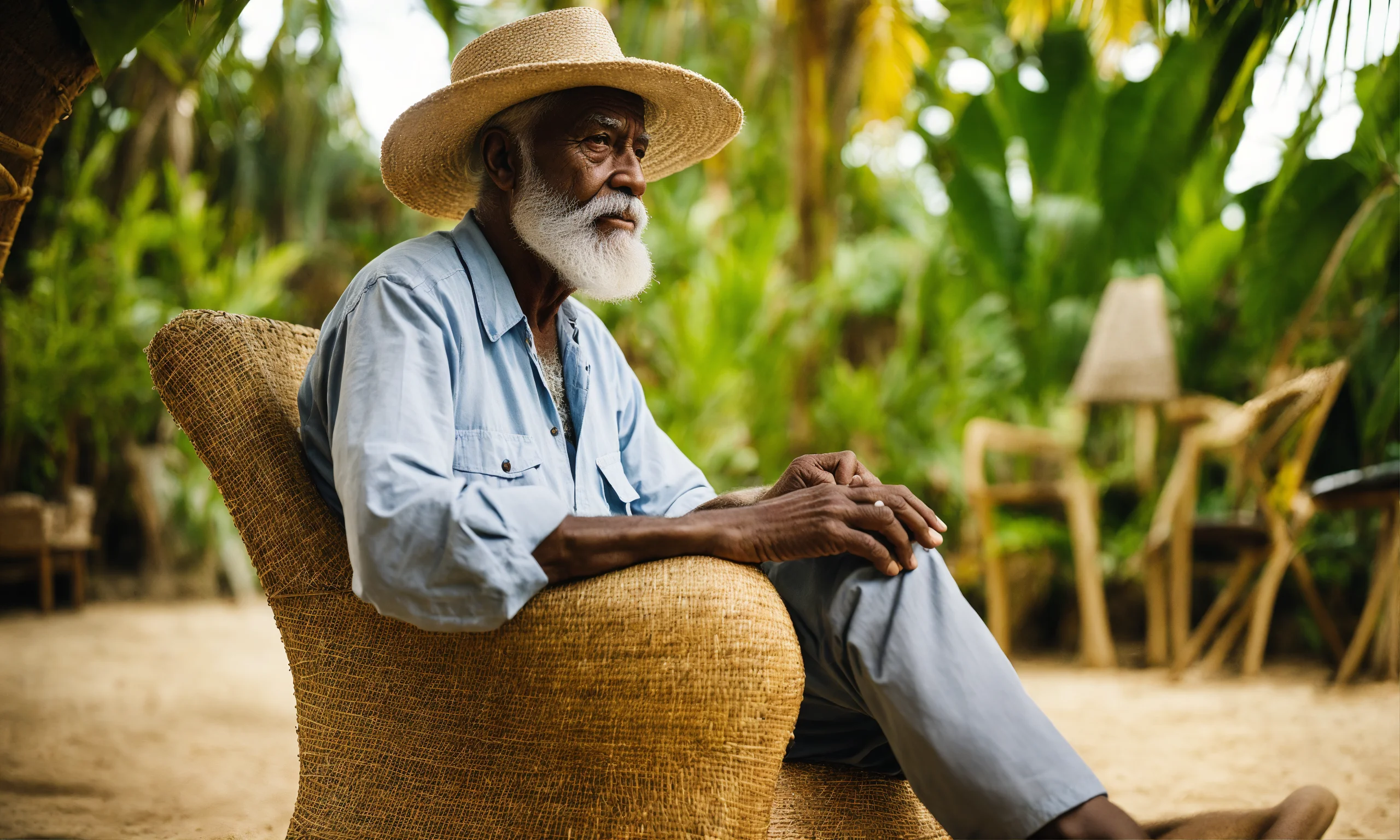 Lexica - A wise old man with white beard and bakoua hat in a tropical ...