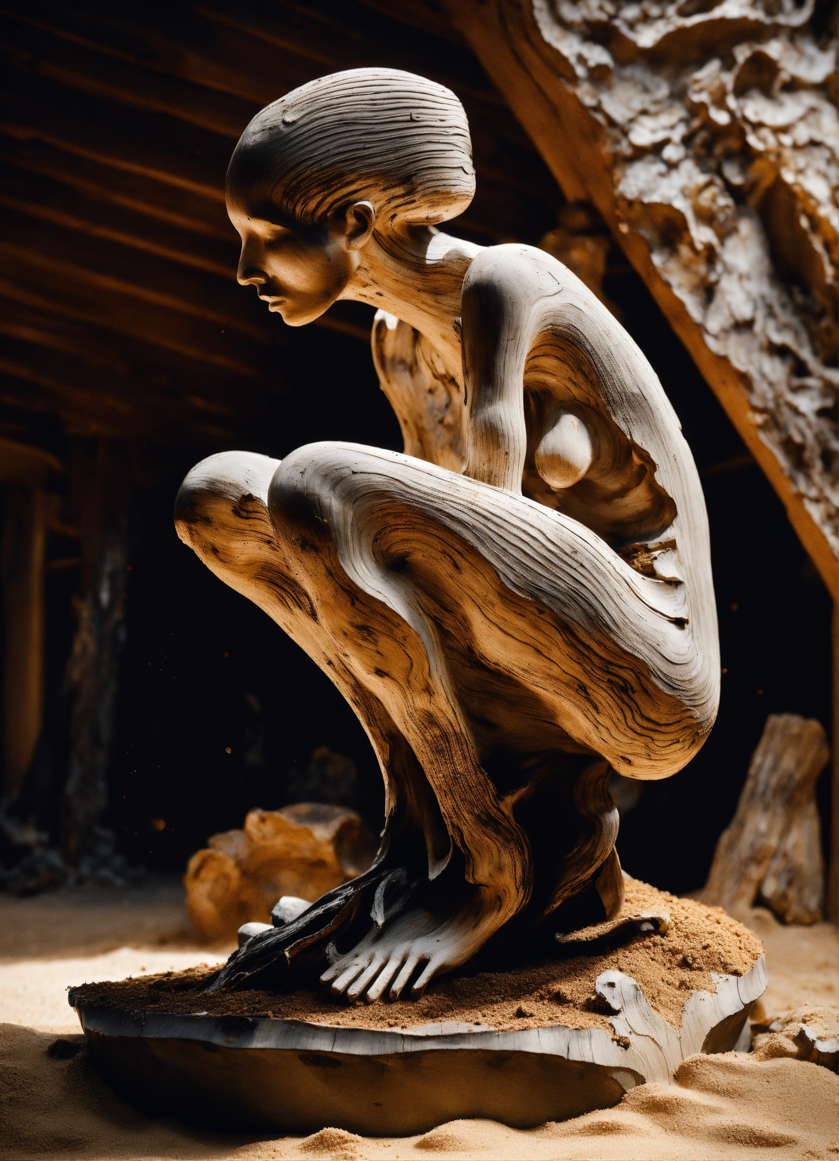 Lexica - A rotten wood sculpture of a abstract simple human body in a ...