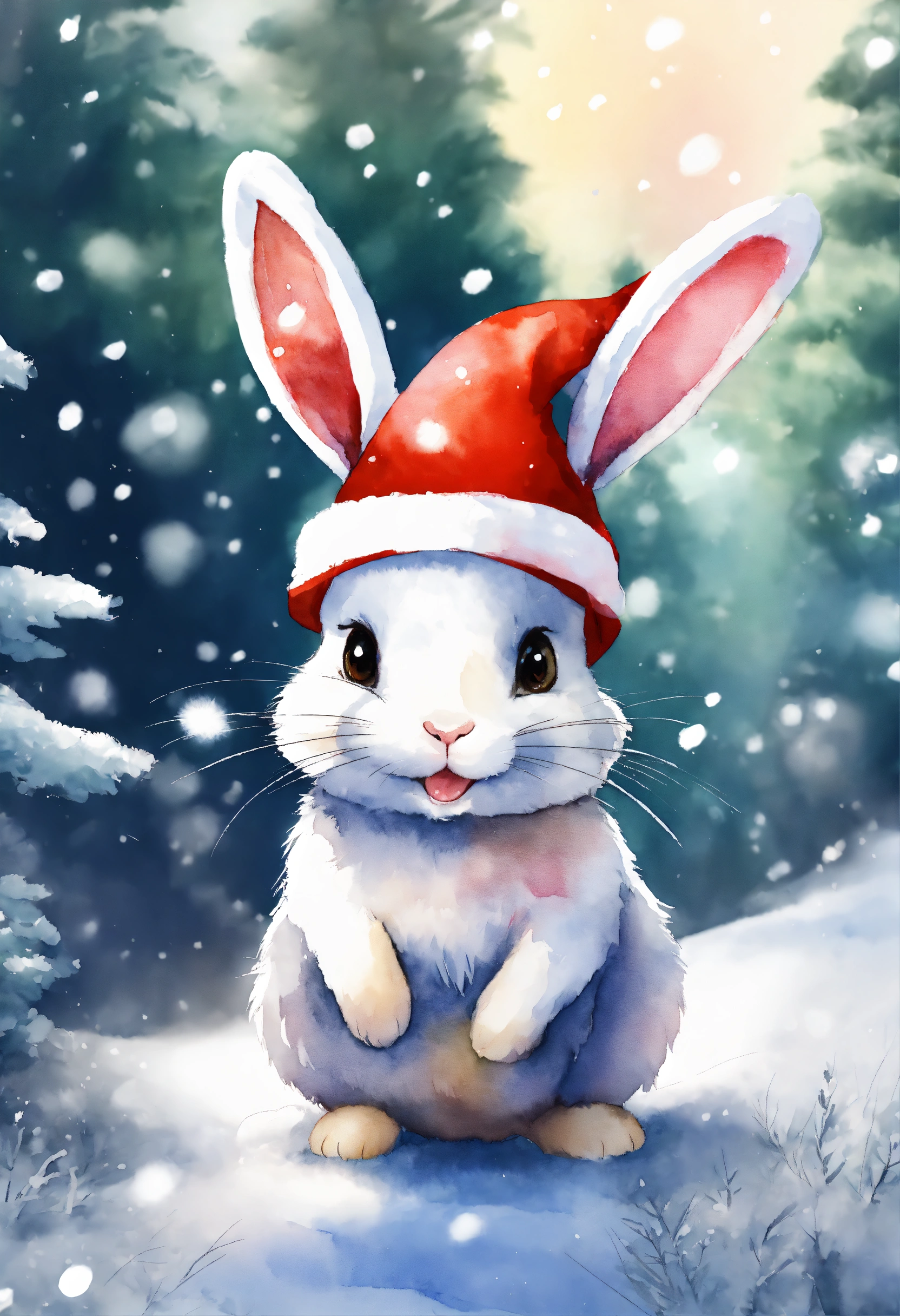 Lexica - A cute happy rabbit in forest with Christmas hat , ,snow ...