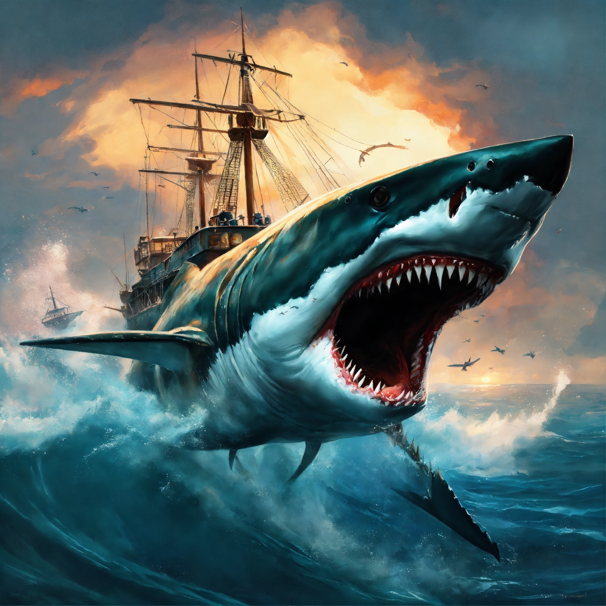 Lexica - Concept art of a big blind megalodon full of scars, attacking ...