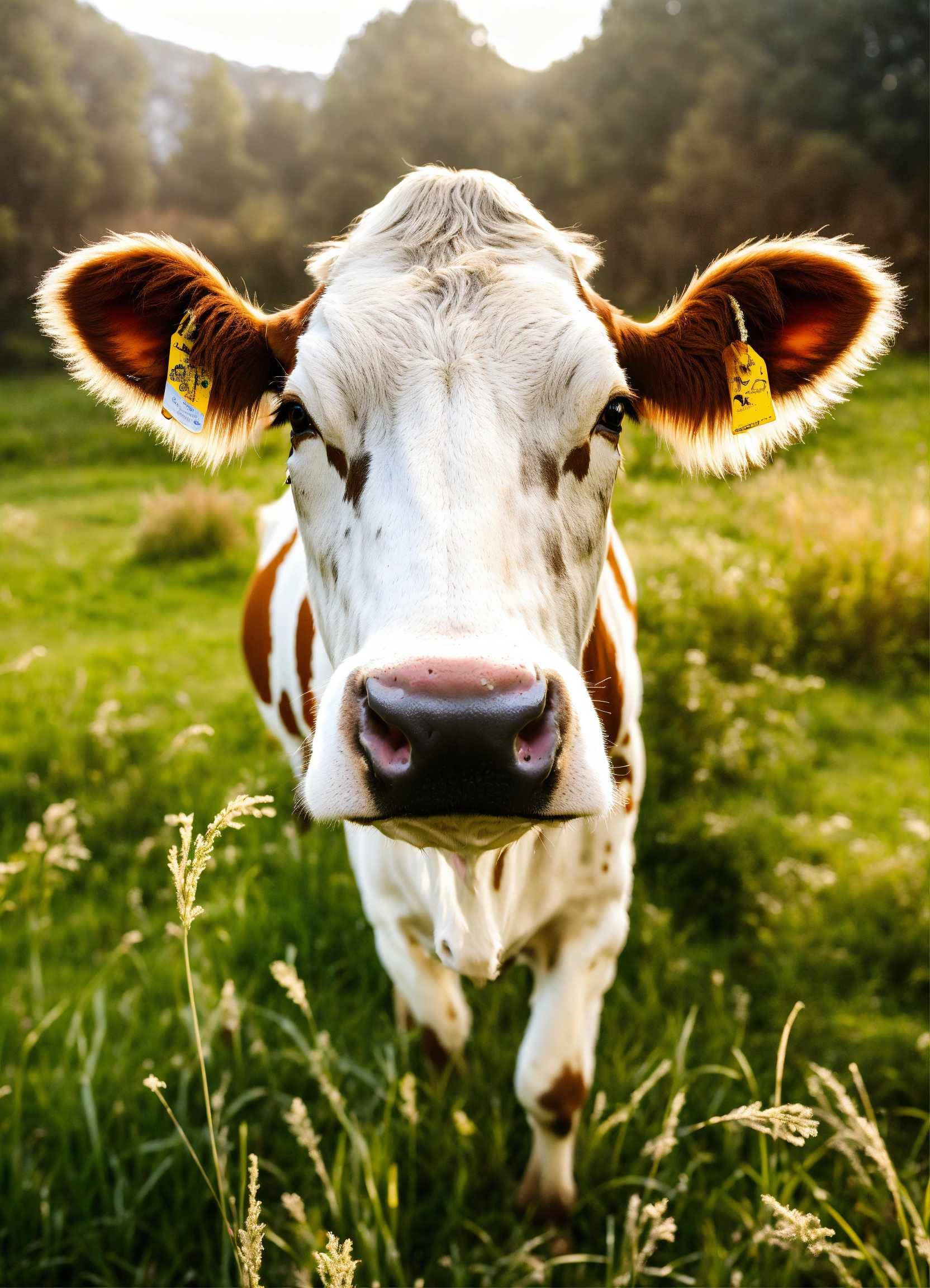 Lexica - A cow on grass face front looking in the camera