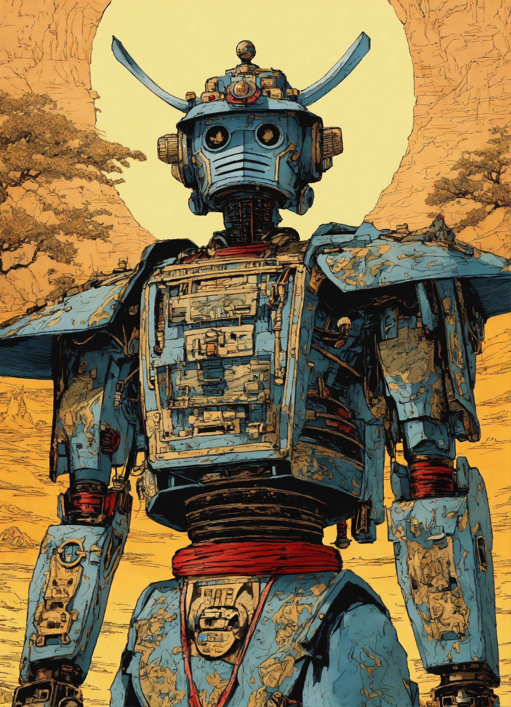 Lexica - Detailed pen and ink illustration of a samurai robot, head ...