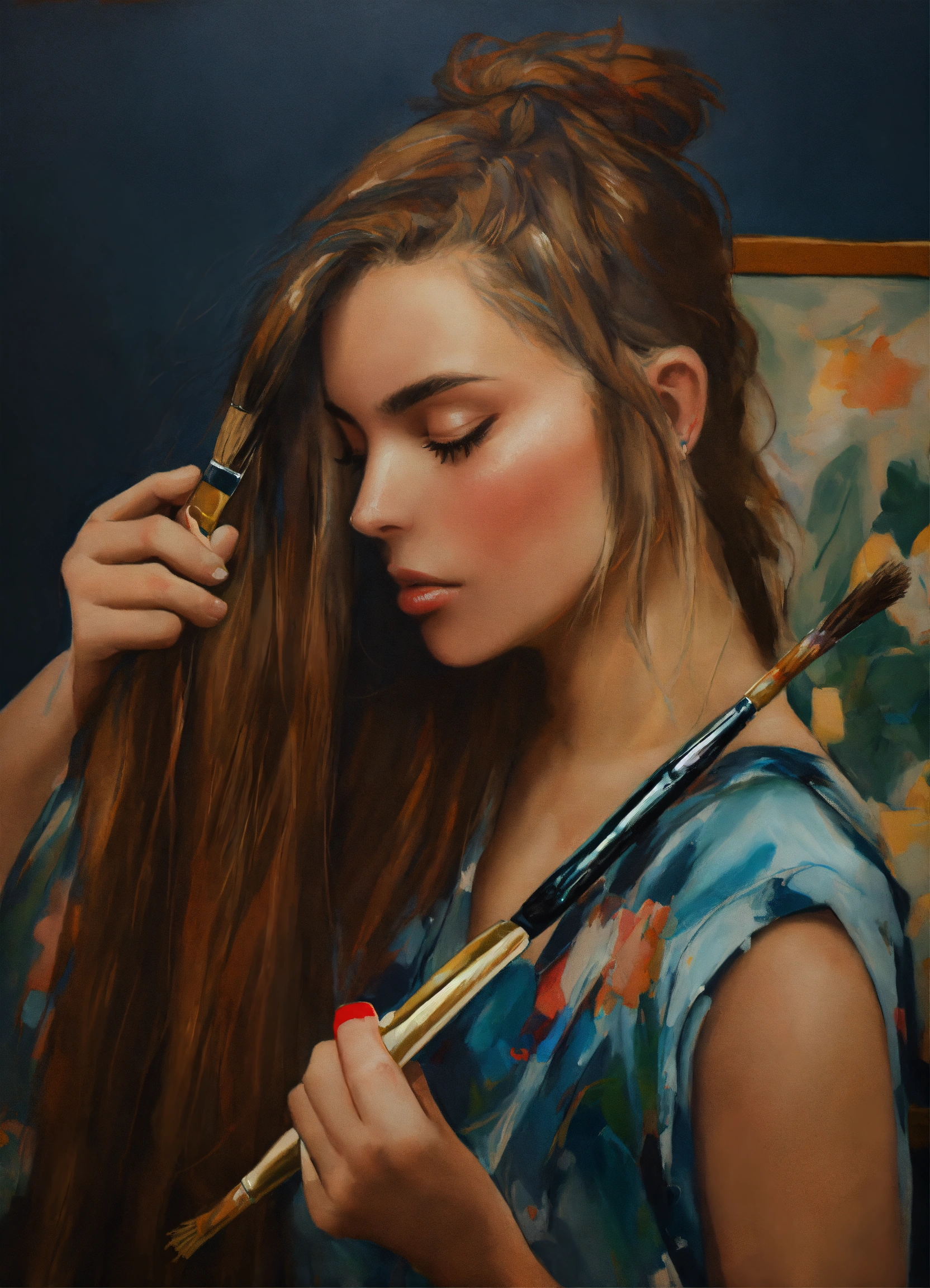 Lexica - Oli painting woman brushing her long hair with a brush