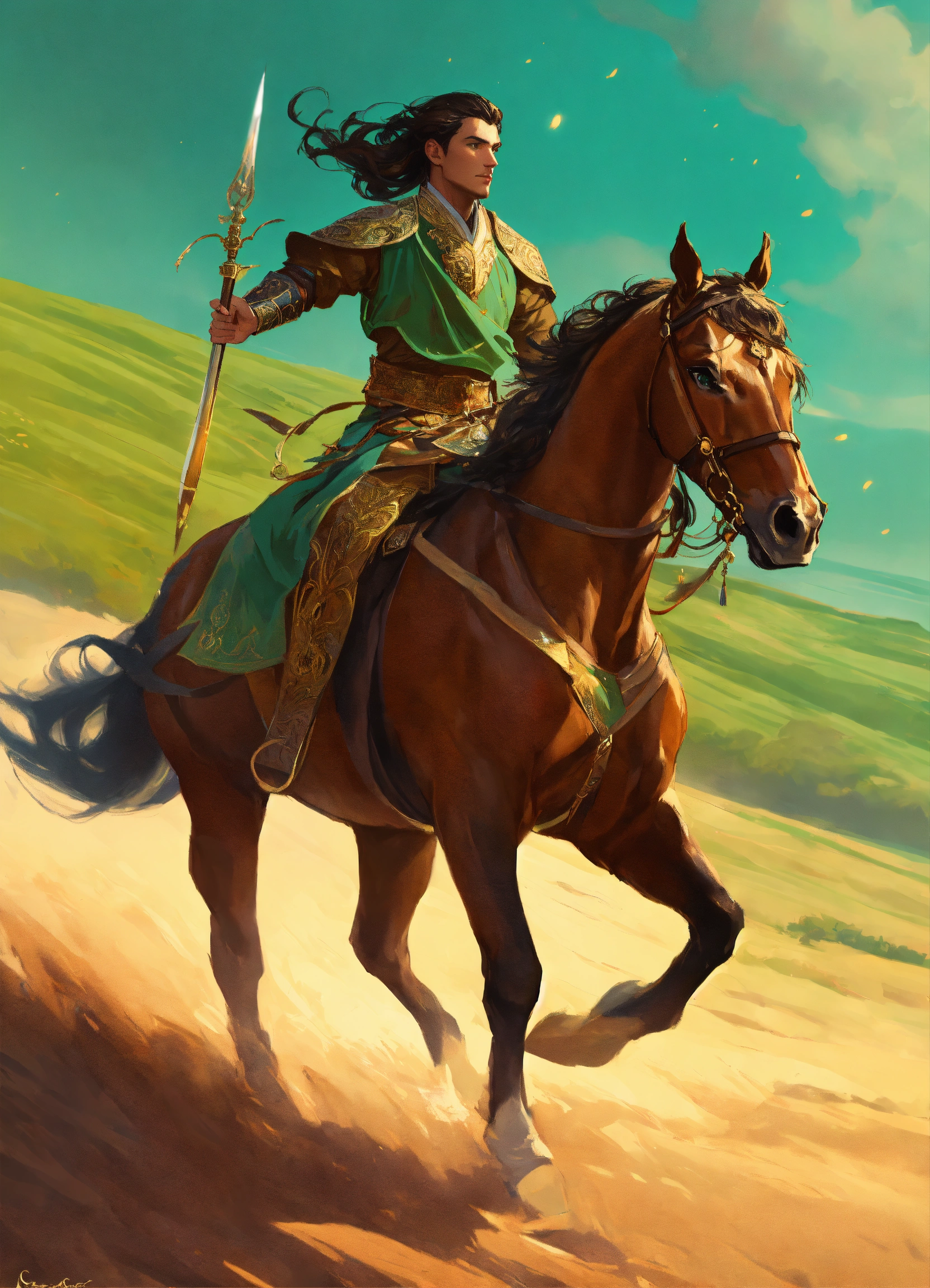 Lexica - A timurid elf male light cavalryman charging with Sabre riding ...