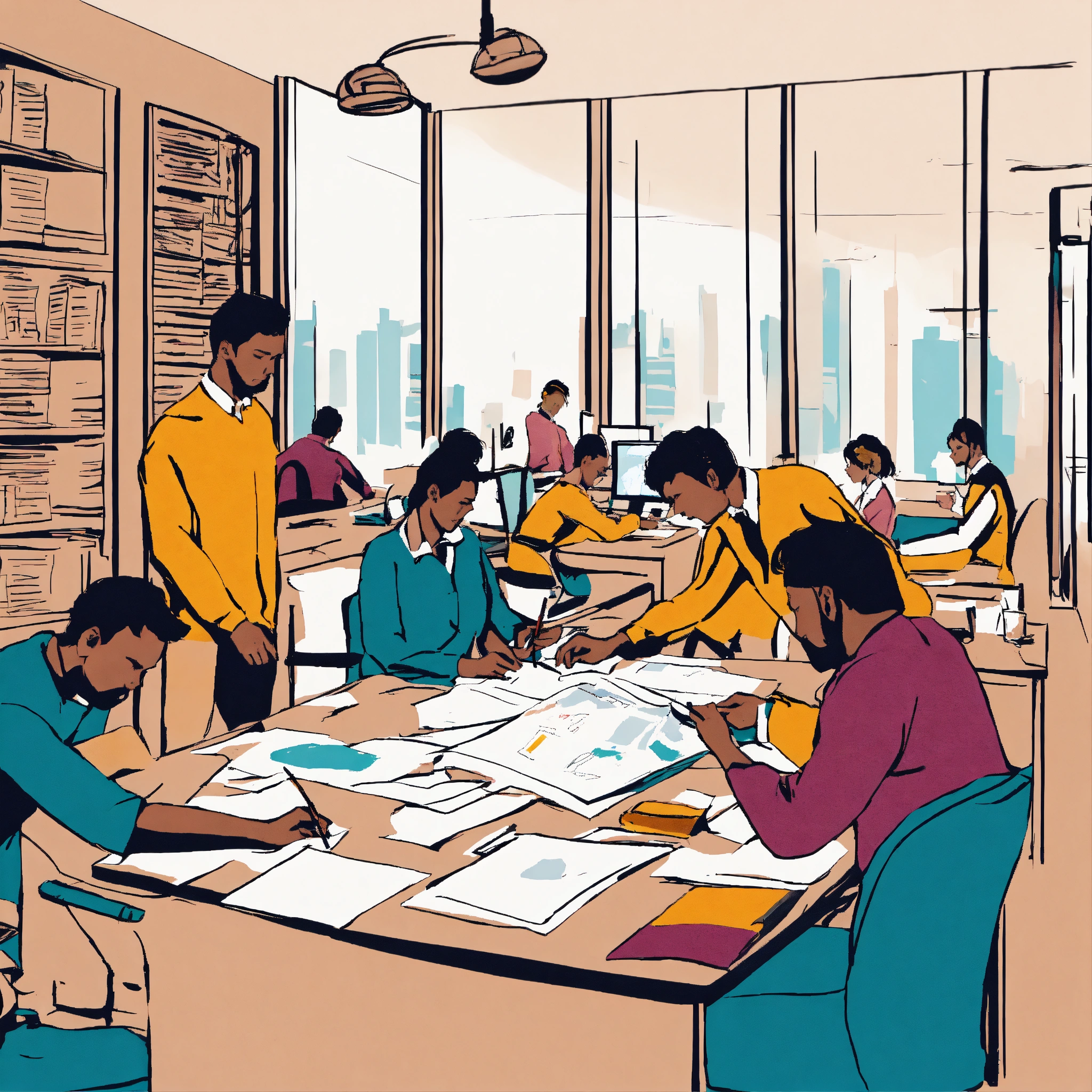 Lexica - Very simple drawing of a team working together in the office ...