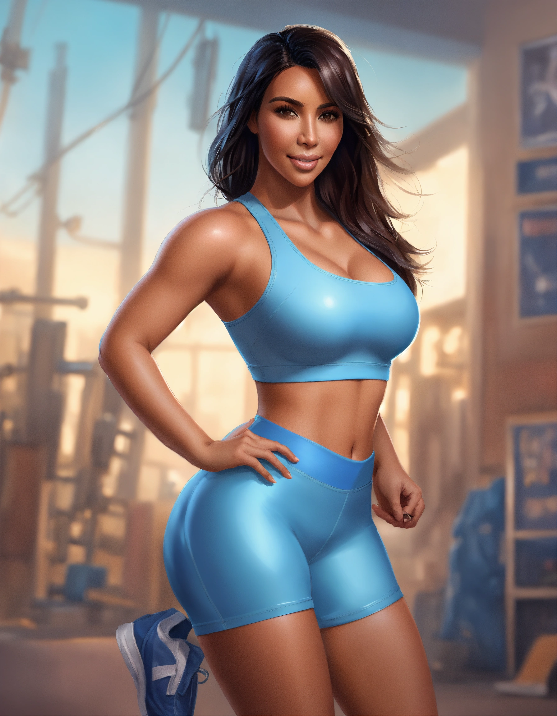 Lexica - Kim Kardashian, highly detailed, shiny light blue gym