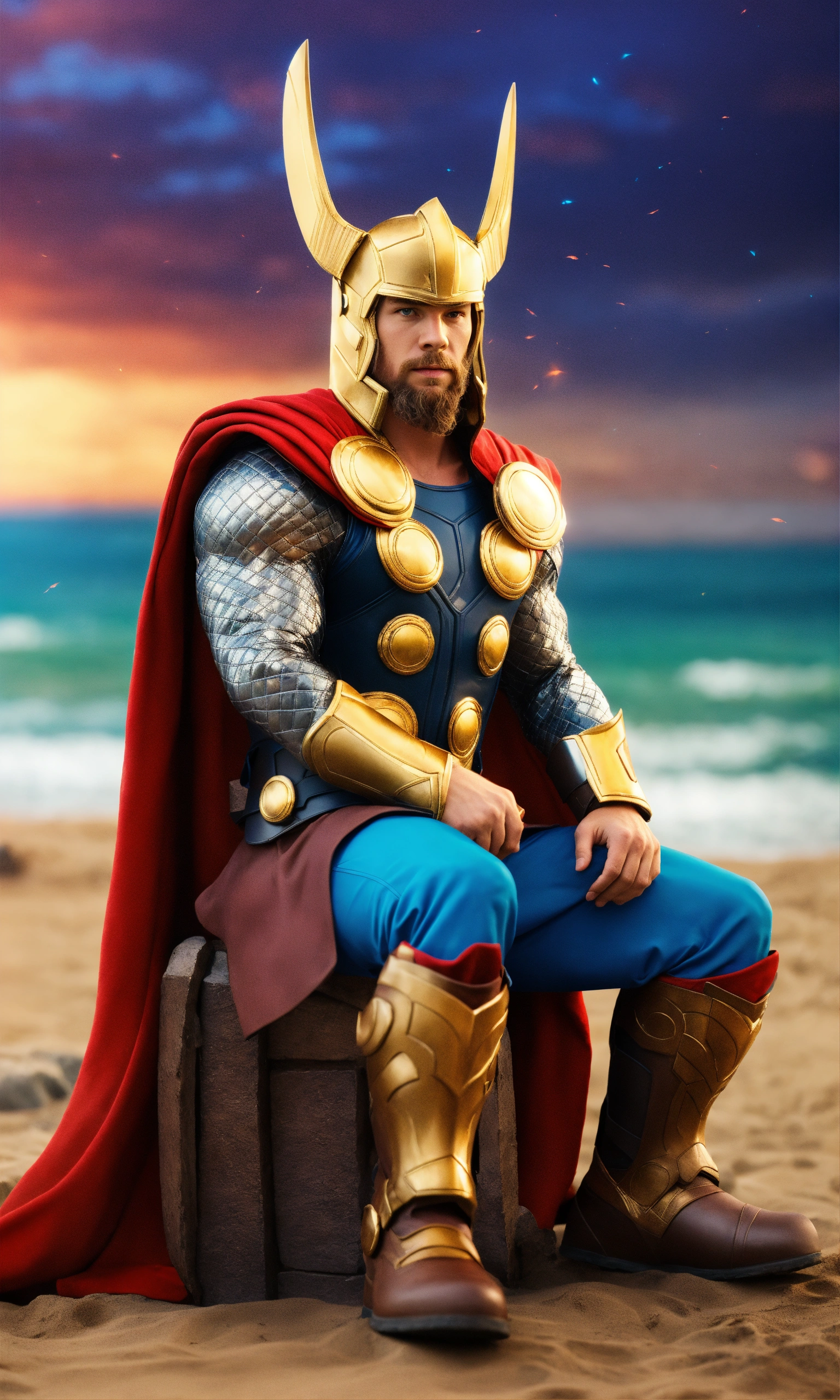 Lexica - Thor on seaside full-body, colorful background, 3D render, sitting