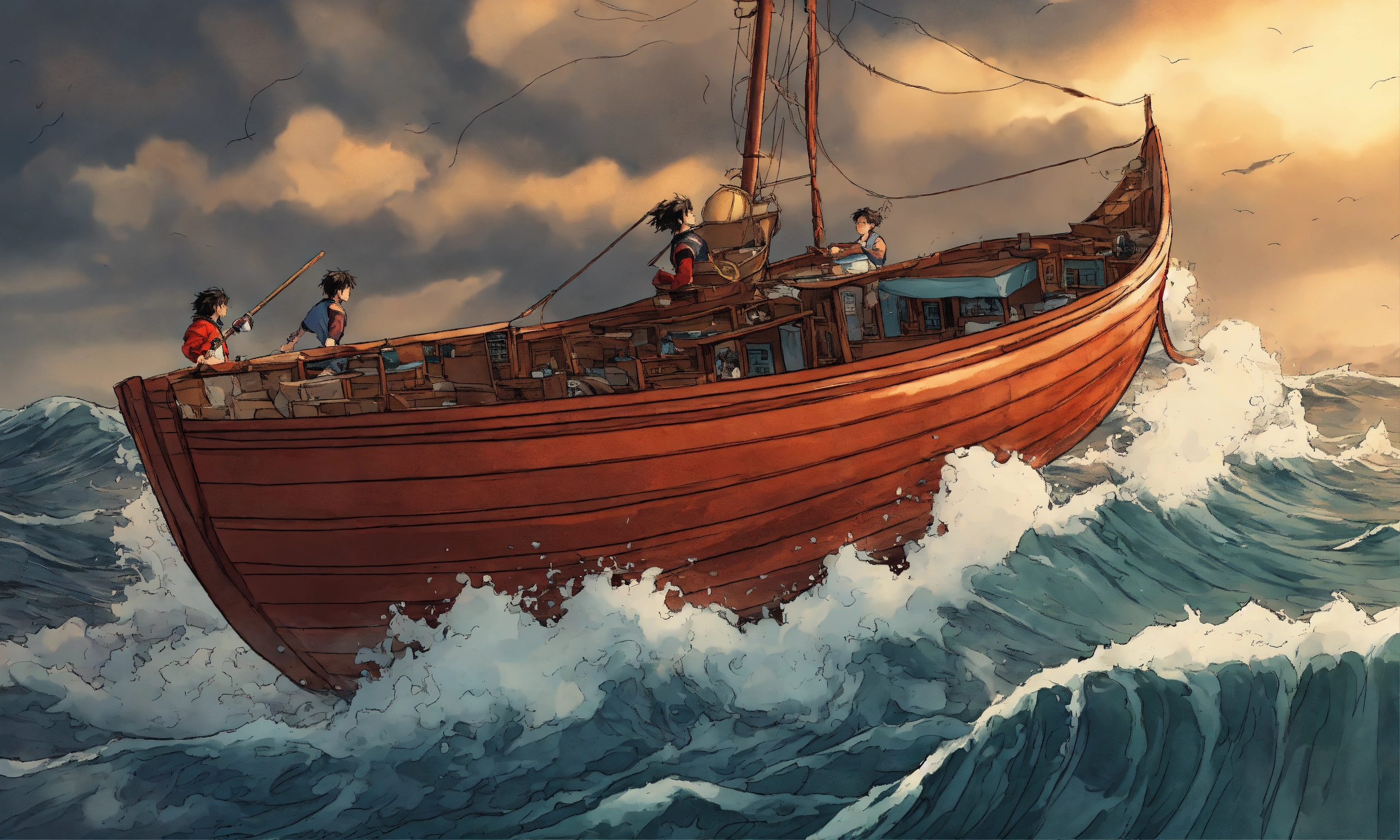 Lexica - Draw me a picture in the form of a comic book of a boat with ...