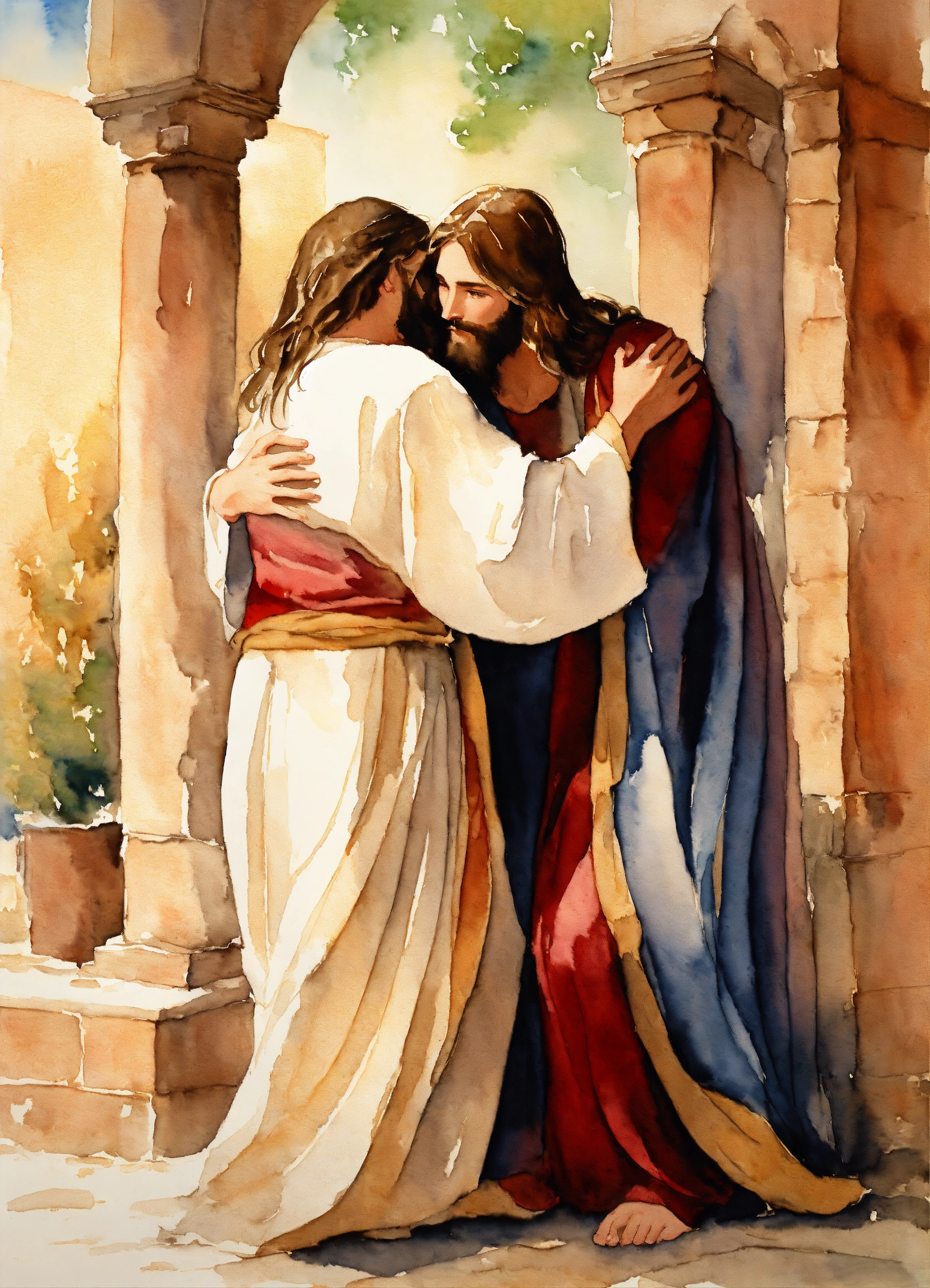 Lexica - Watercolor of jesus hugging a sinner