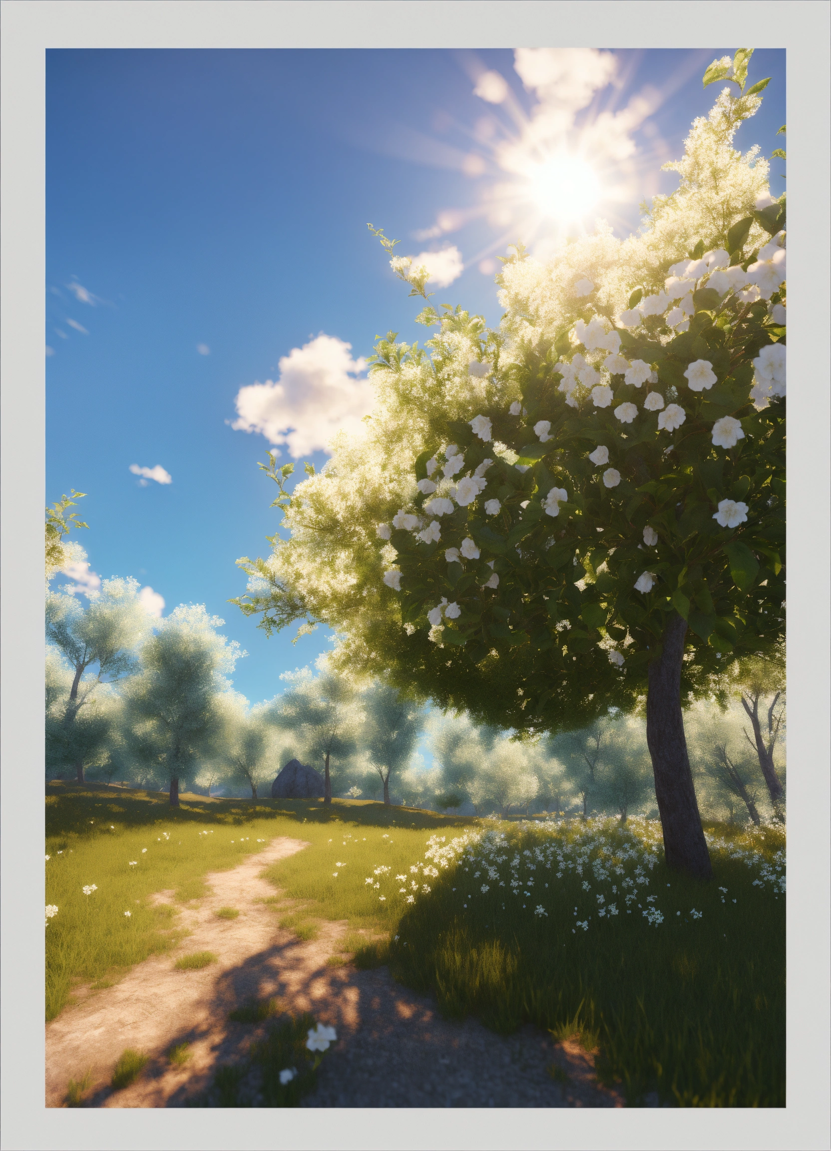 Lexica - White flowers, blue sky, trees and sun shining in the ...