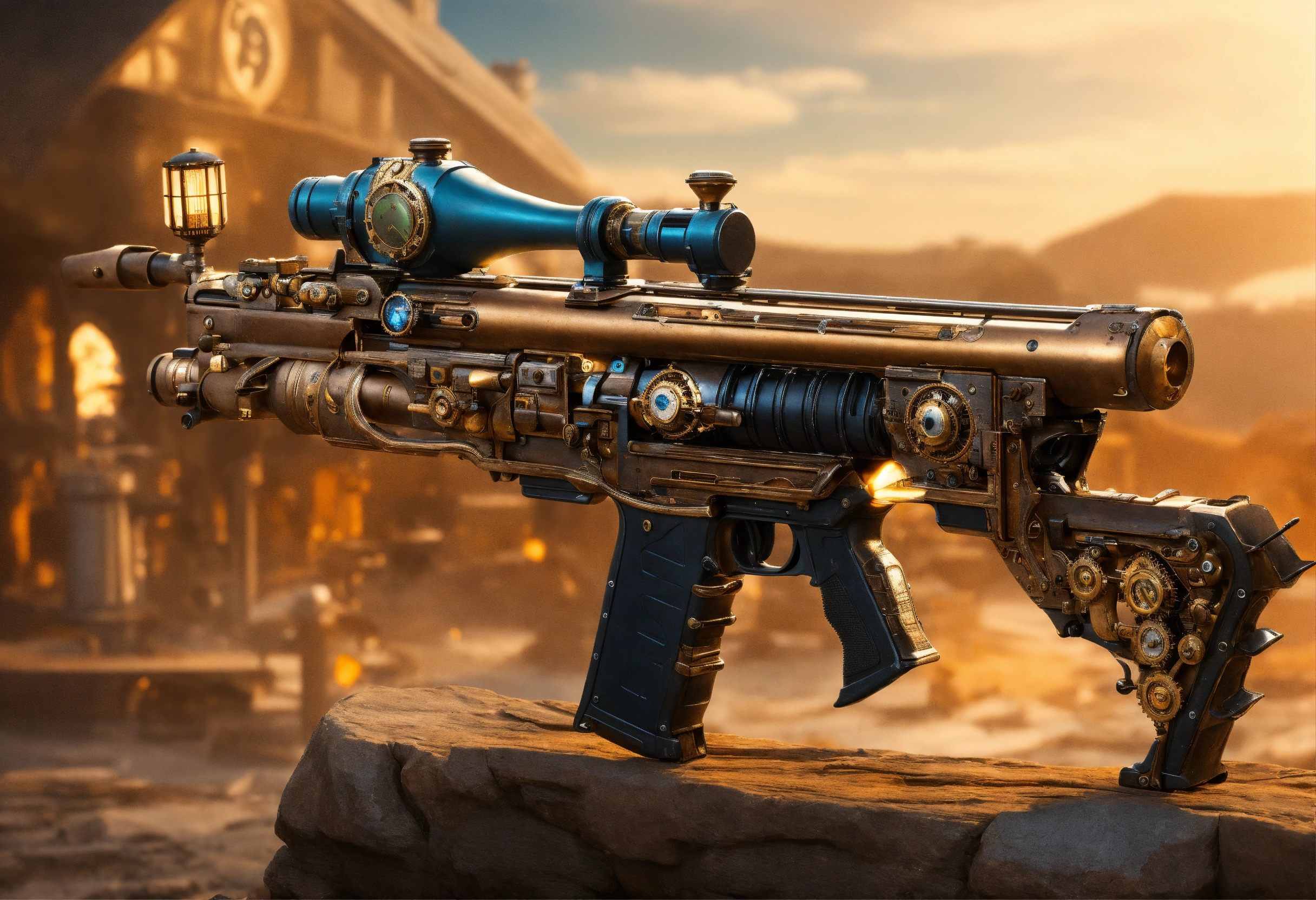 Lexica - Side view of the full image of a steampunk energy rifle