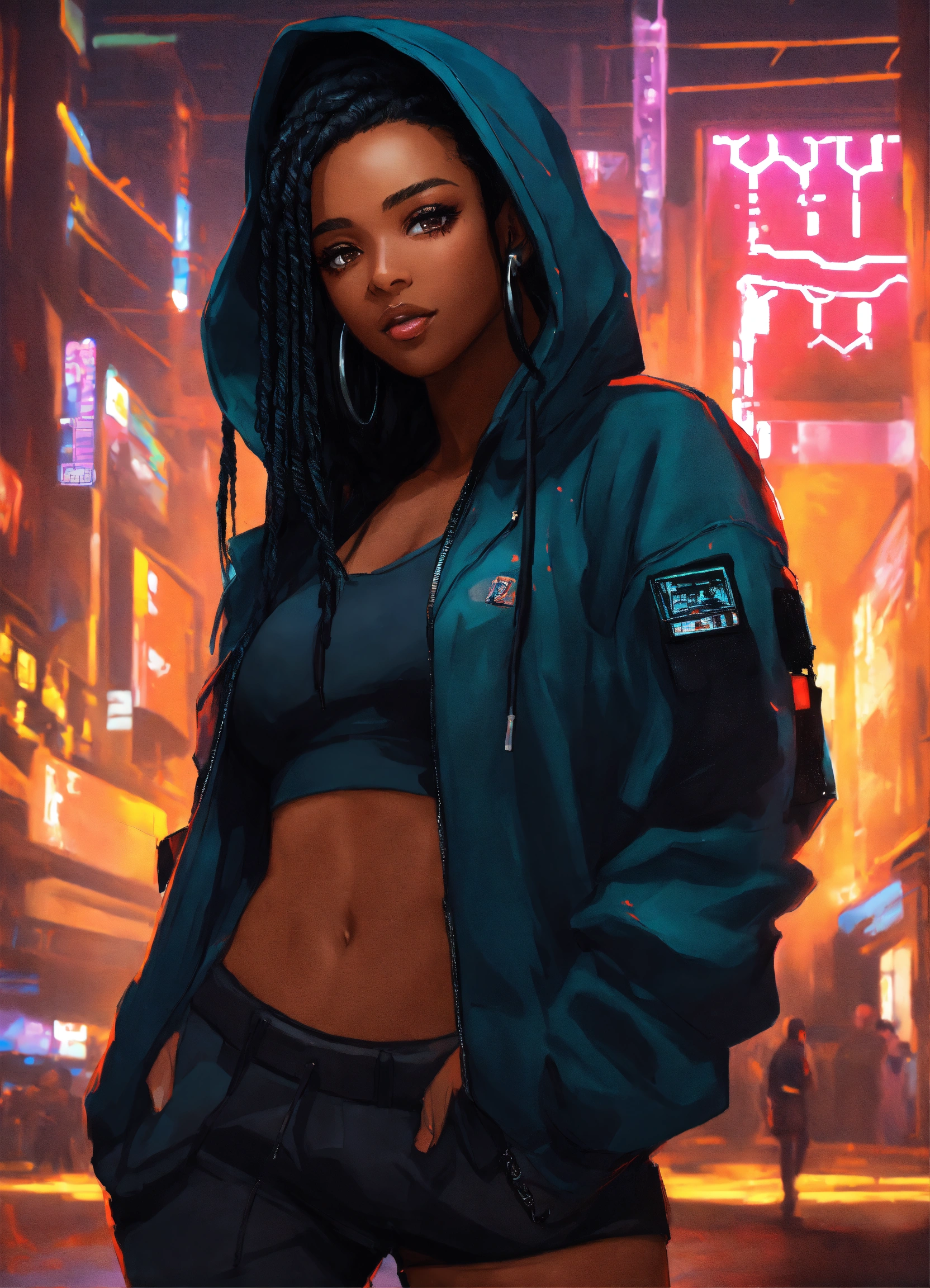 Lexica - Brown skin, ebony hair, twists, cyberpunk, black hoodie, woman