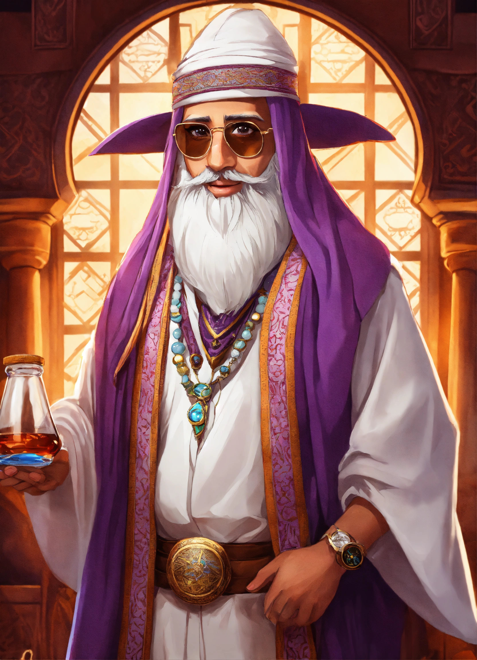 Lexica - Cartoon wizard gin in arabian style in arabiс white keffiyeh