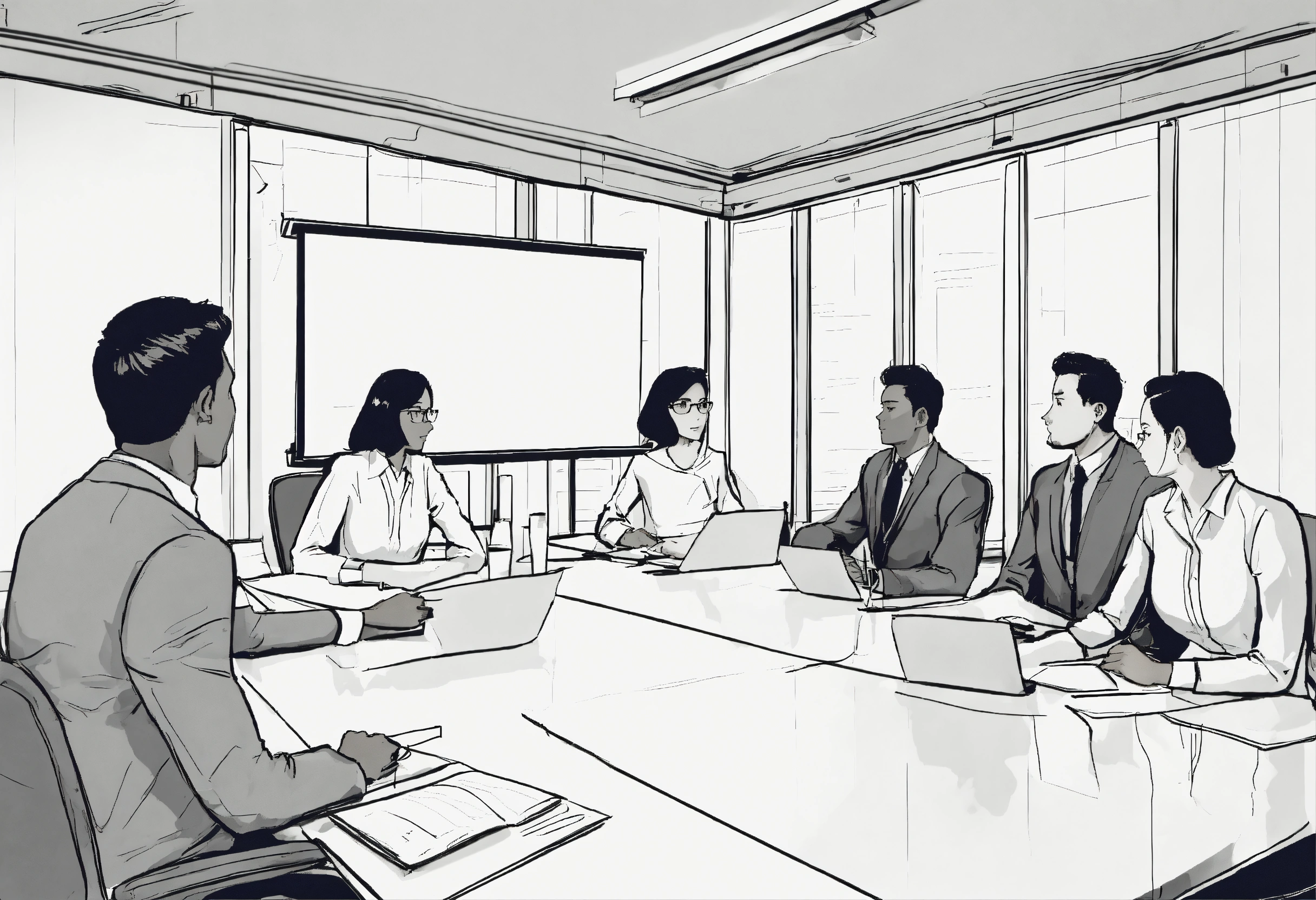 Lexica - Detailed line drawing of a conference room with four people ...