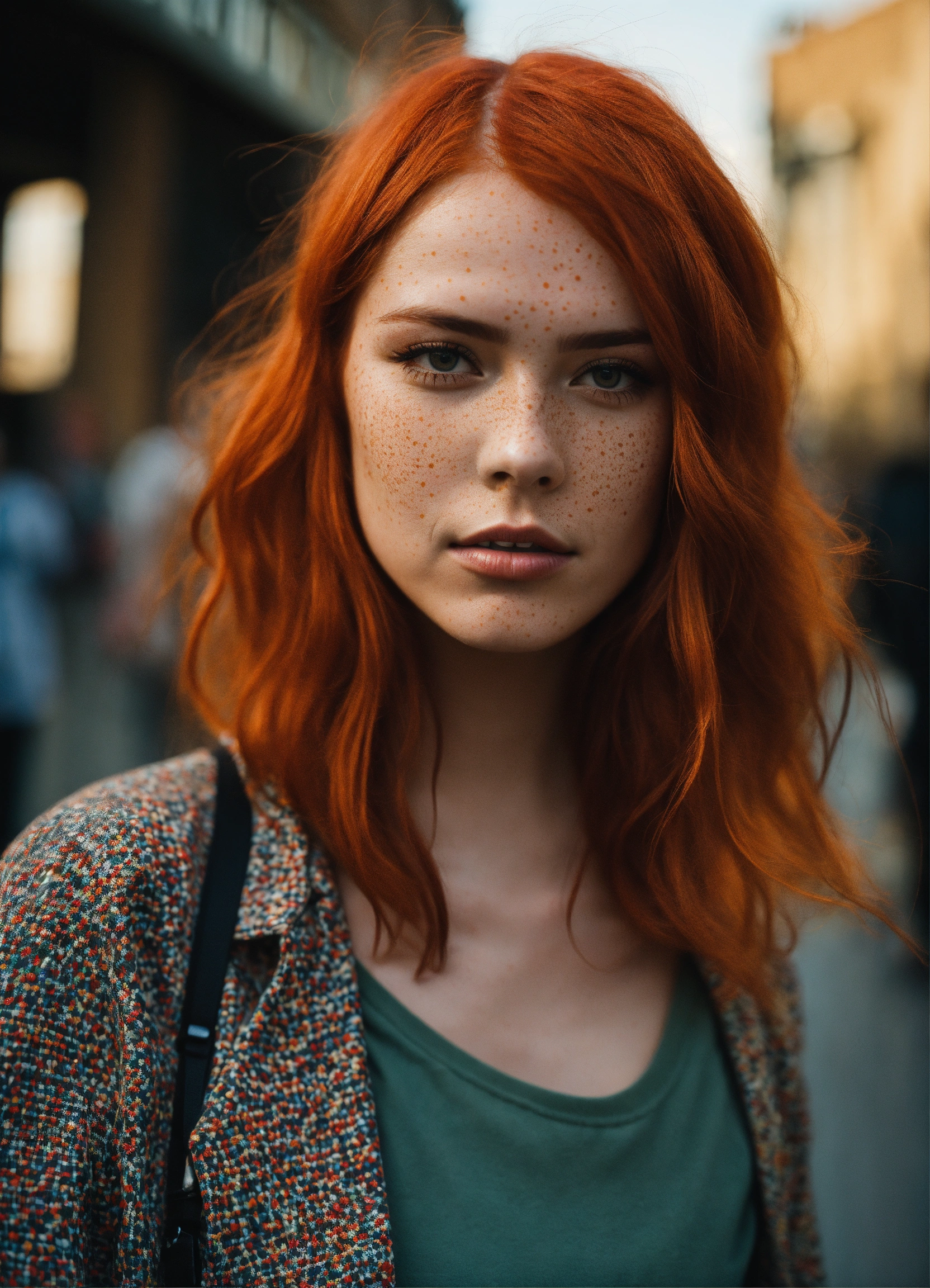 Lexica - Fashion model, red hair, freckles, Street photography