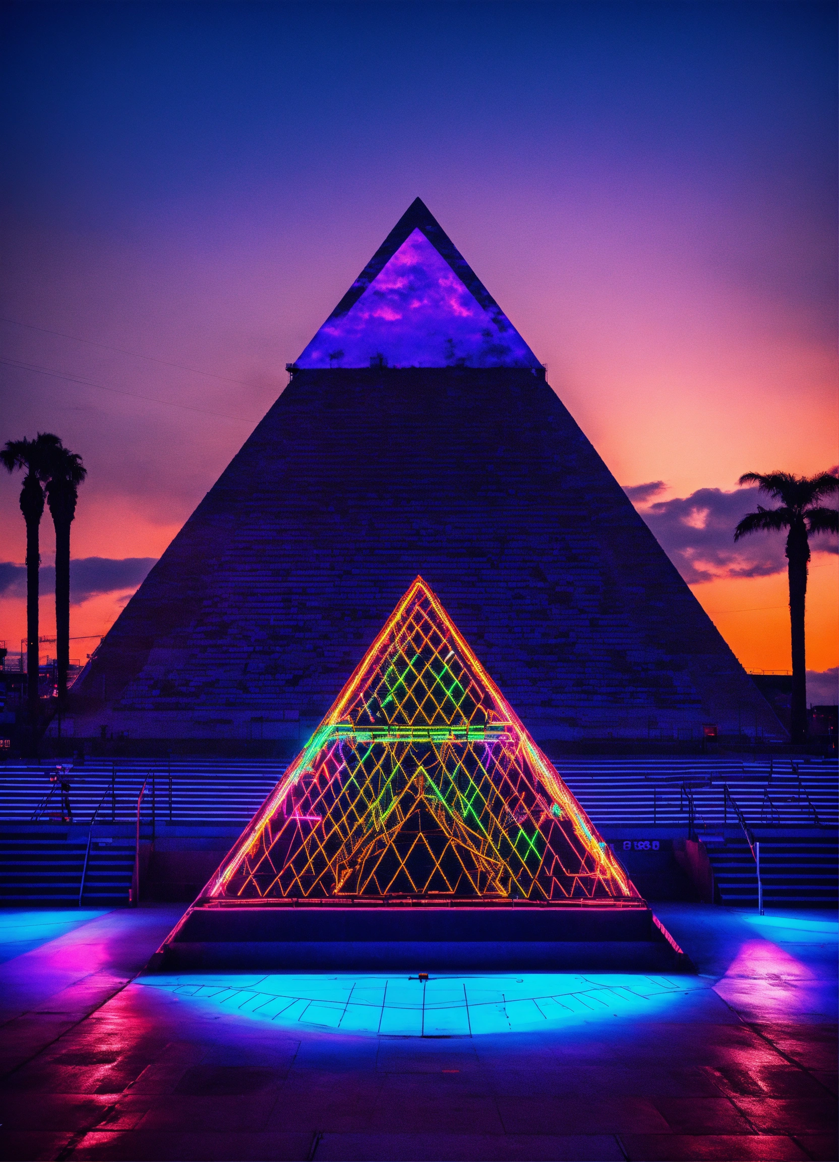Lexica - Stadium name WOFO I neon lights pyramid eye 4k 8k