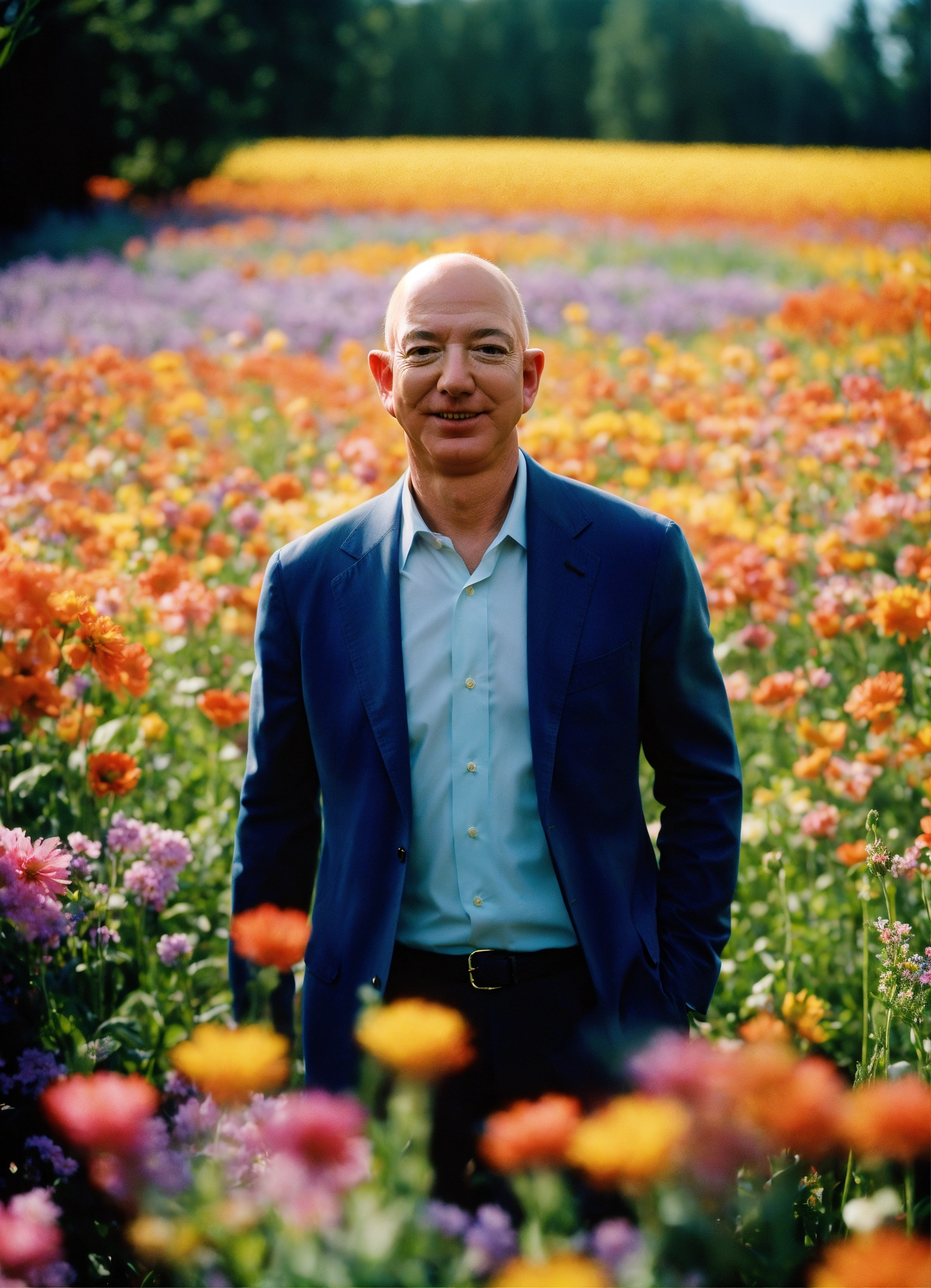 Lexica - Happy Jeff Bezos standing in a beautiful field of flowers ...