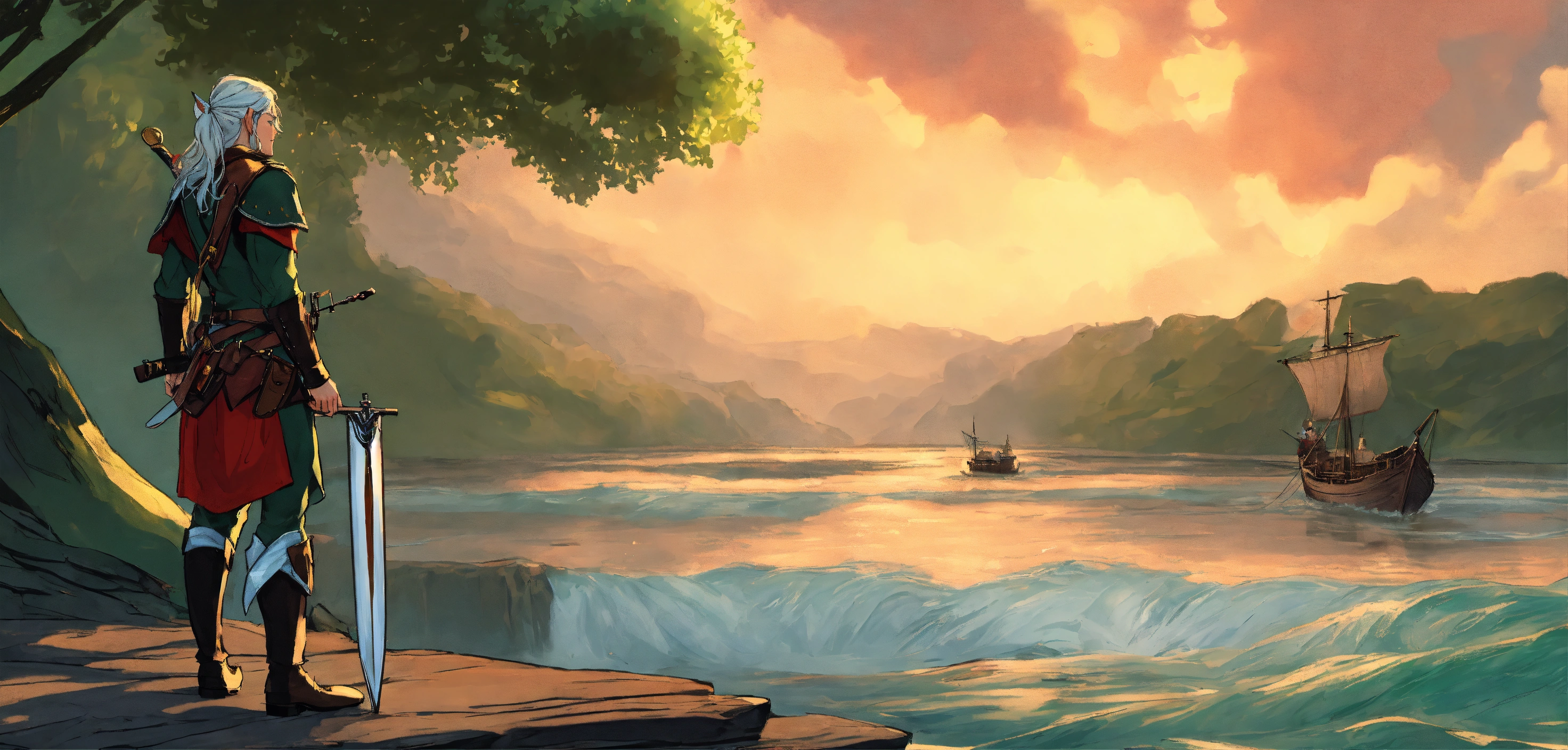 Lexica - Fantasy setting, elf warrior standing on a river bank looking ...