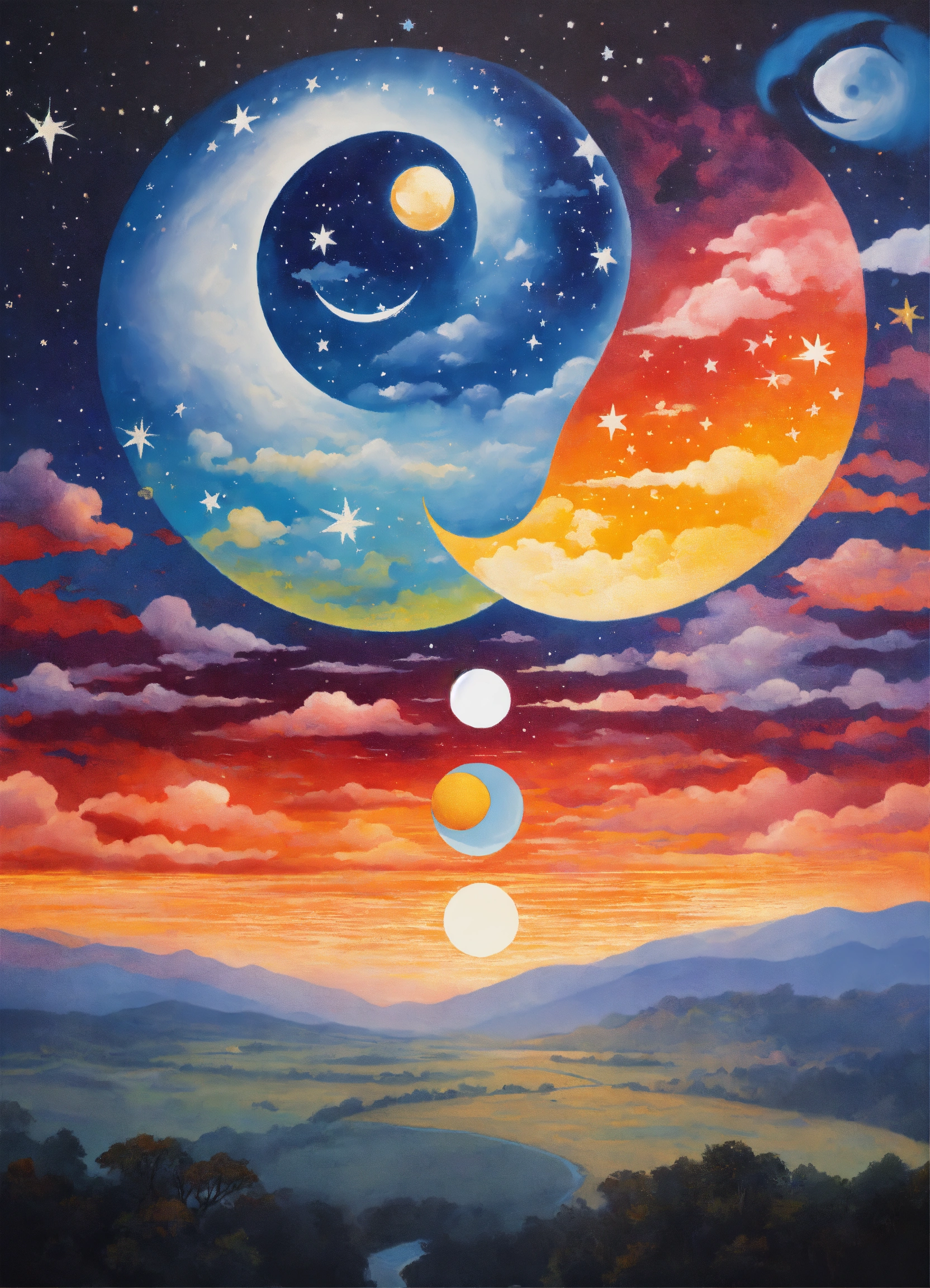 Lexica - Dream dimension, ying yang , stars painted rene margritte ...