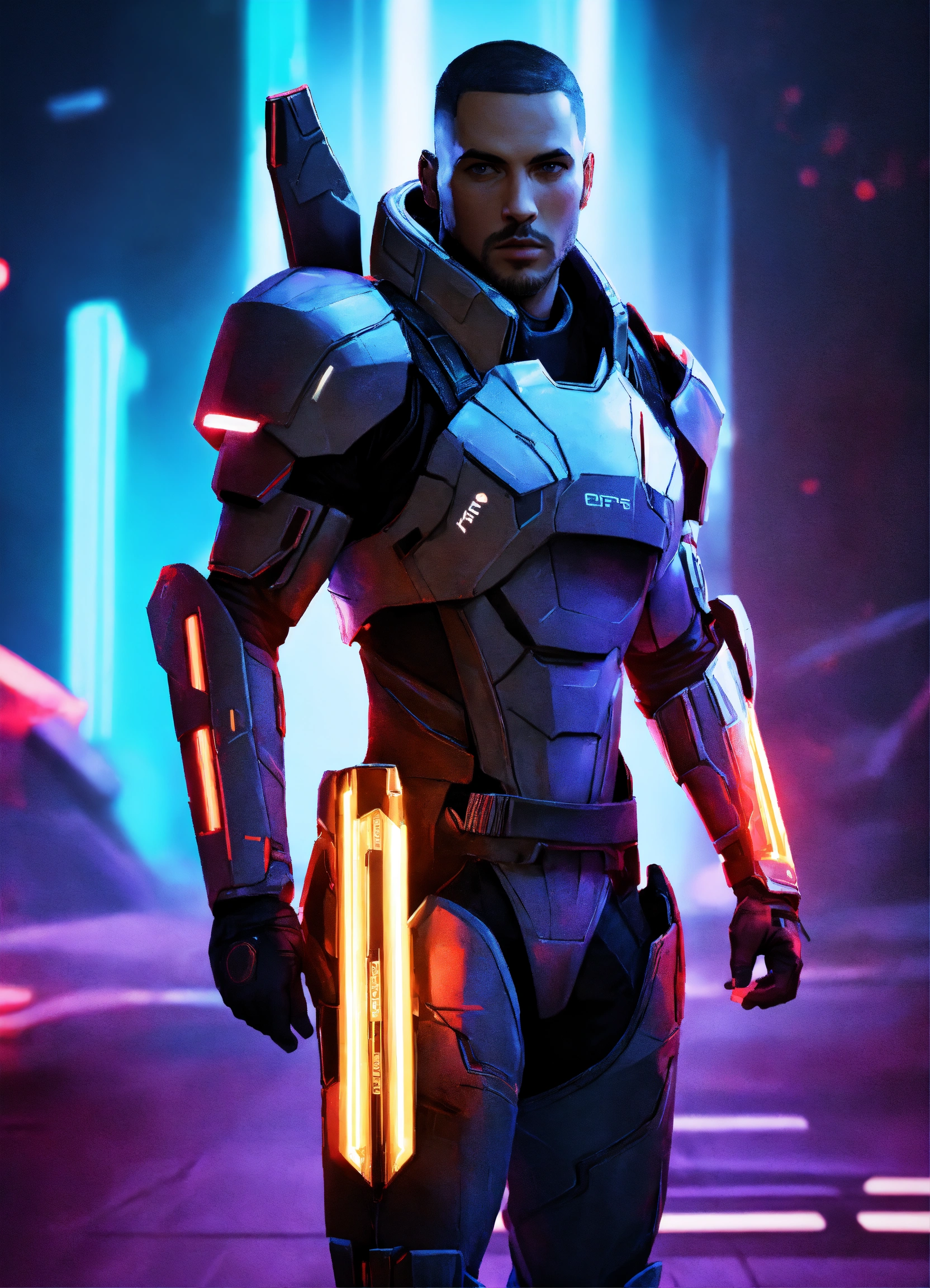 Lexica - Man in the image with neon light combat armour as main ...