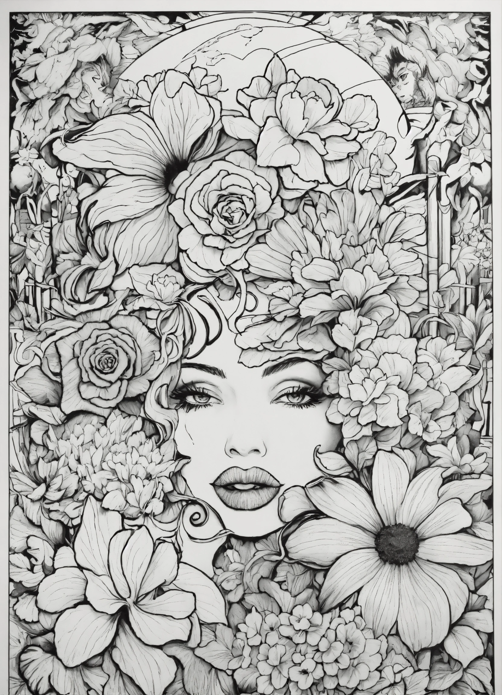 Lexica - Faces and flowers, by Ed Roth, black and white coloring book ...