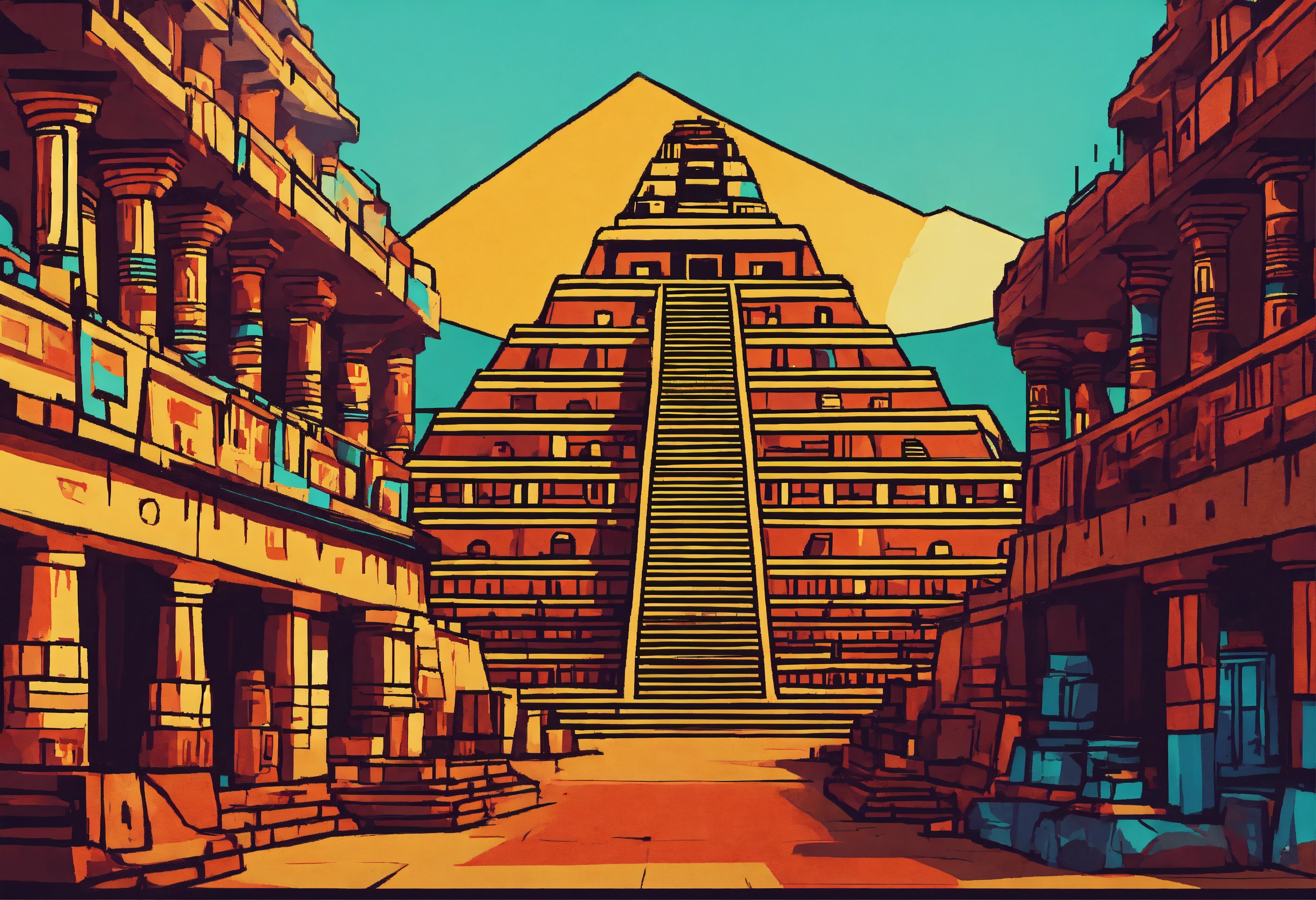 Lexica - Graphic stylized drawing of aztec city in 4 colors, 8k