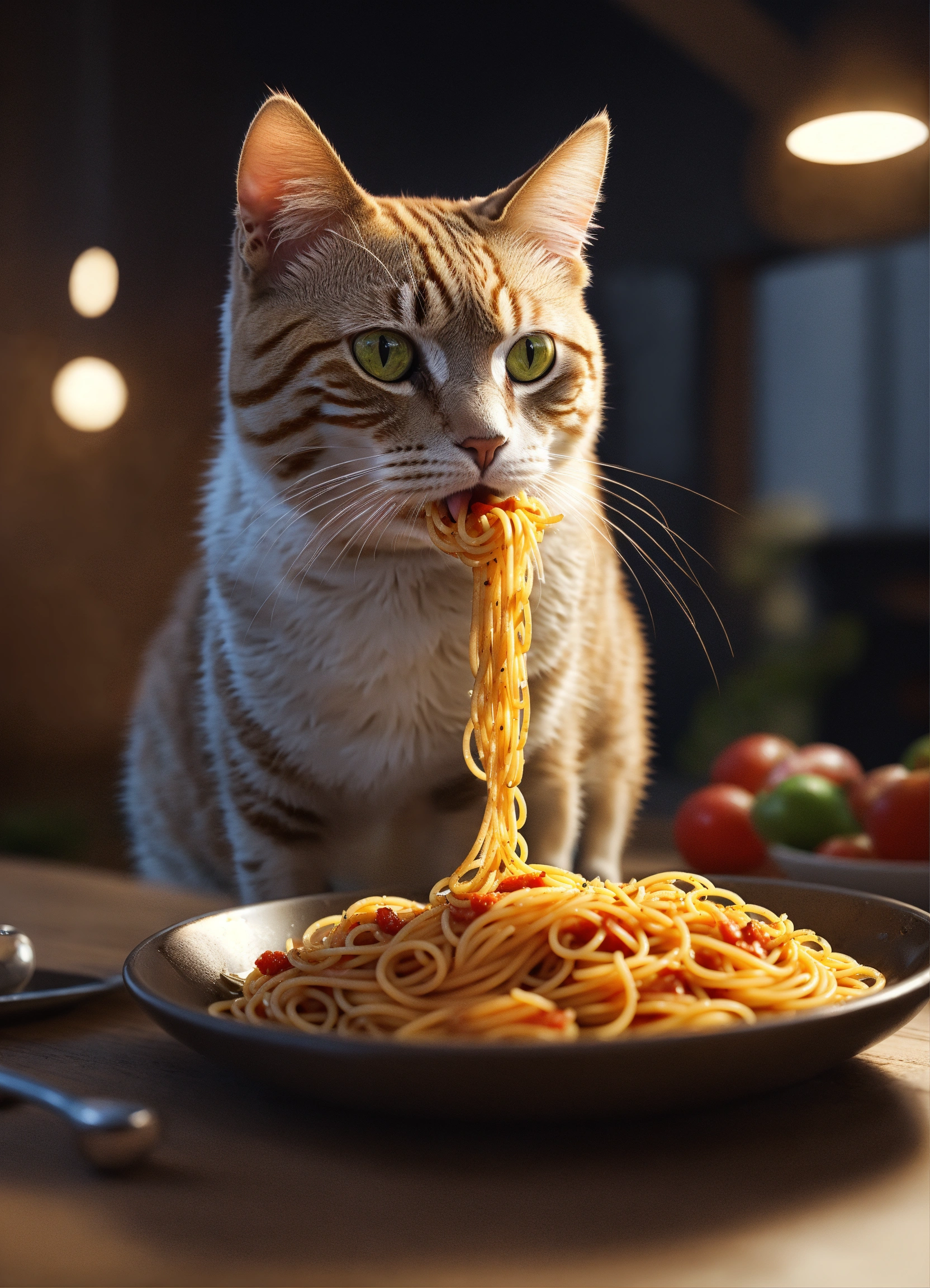 Lexica - A cat standing on 2 legs, eating spaghetti, unreal engine ...