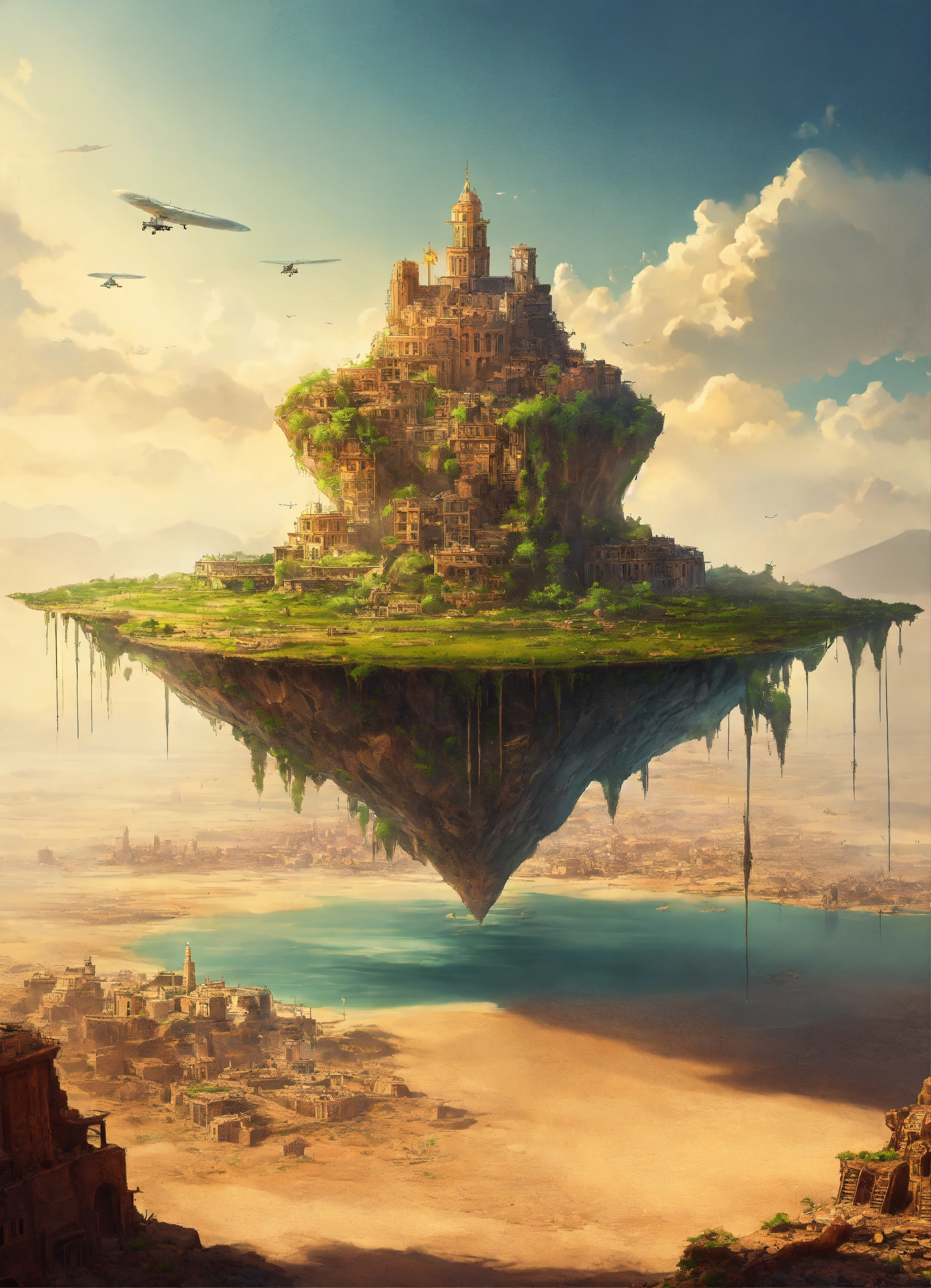 Lexica - A flying island with a city on top in the middle of the desert ...
