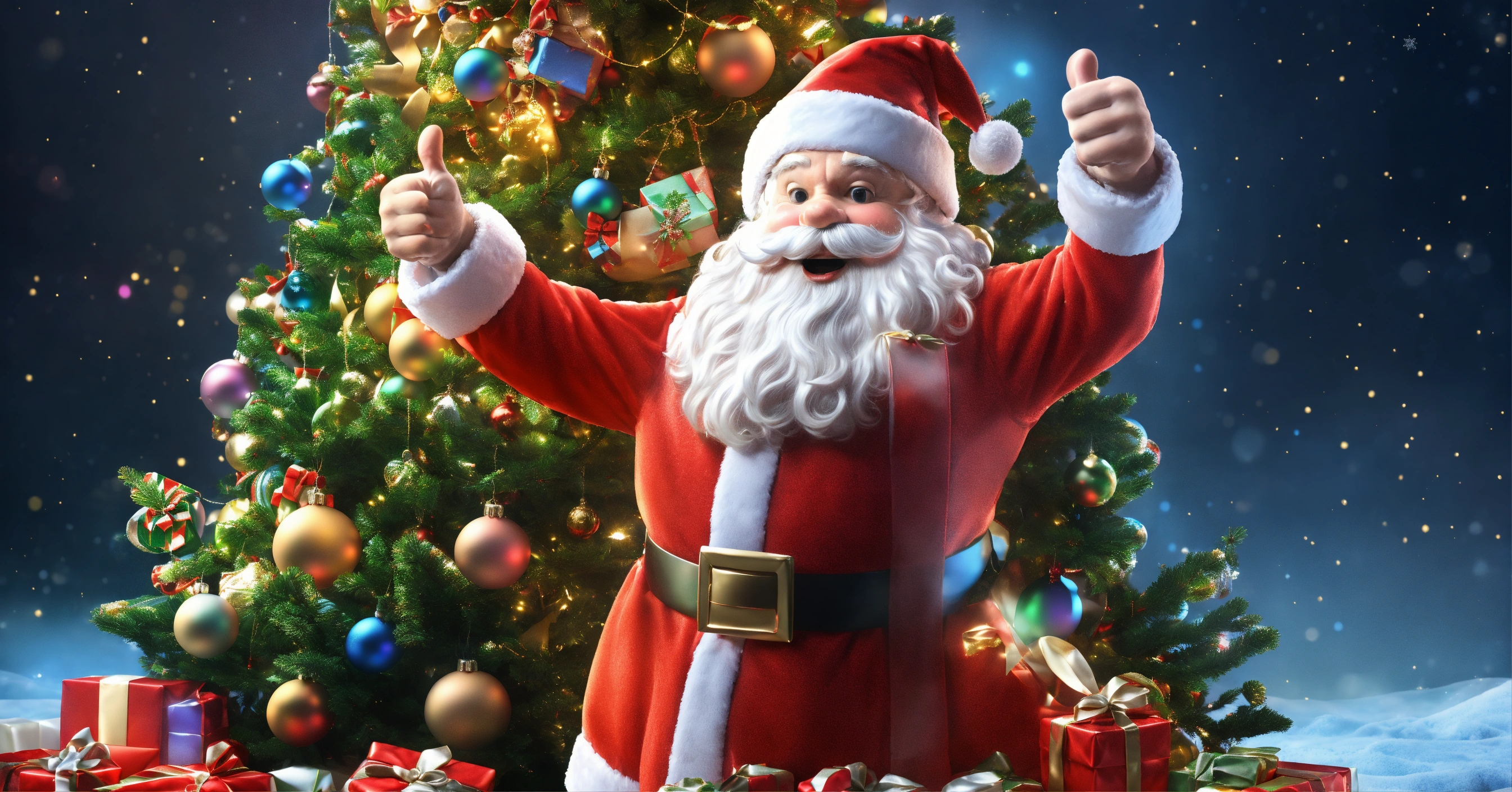Lexica - Santa Claus giving thumbs up, Christmas tree, with toys, in 3d ...