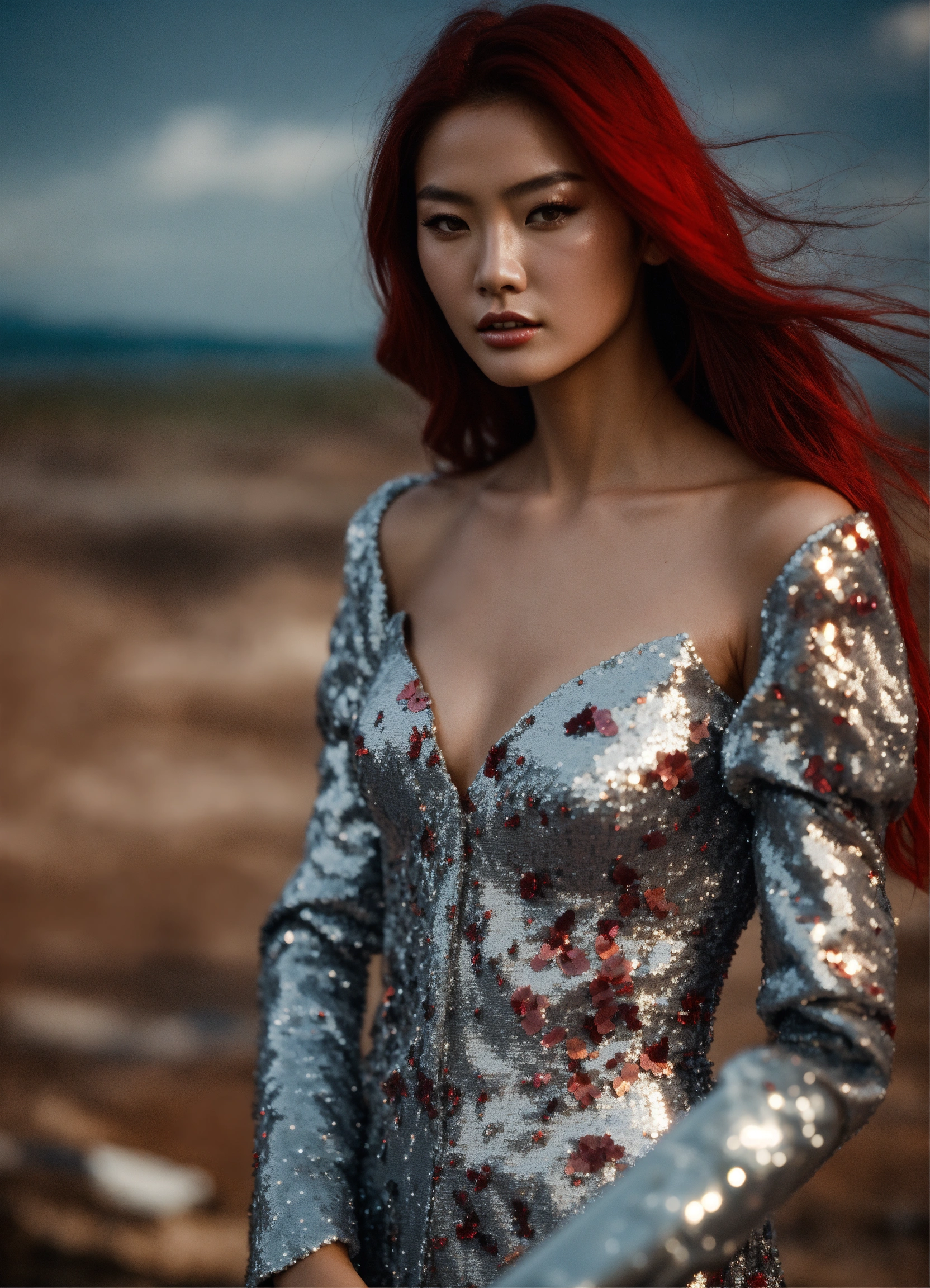 Lexica - Half-Brazilian, Half-Chinese supermodel, in silver sequin gown ...