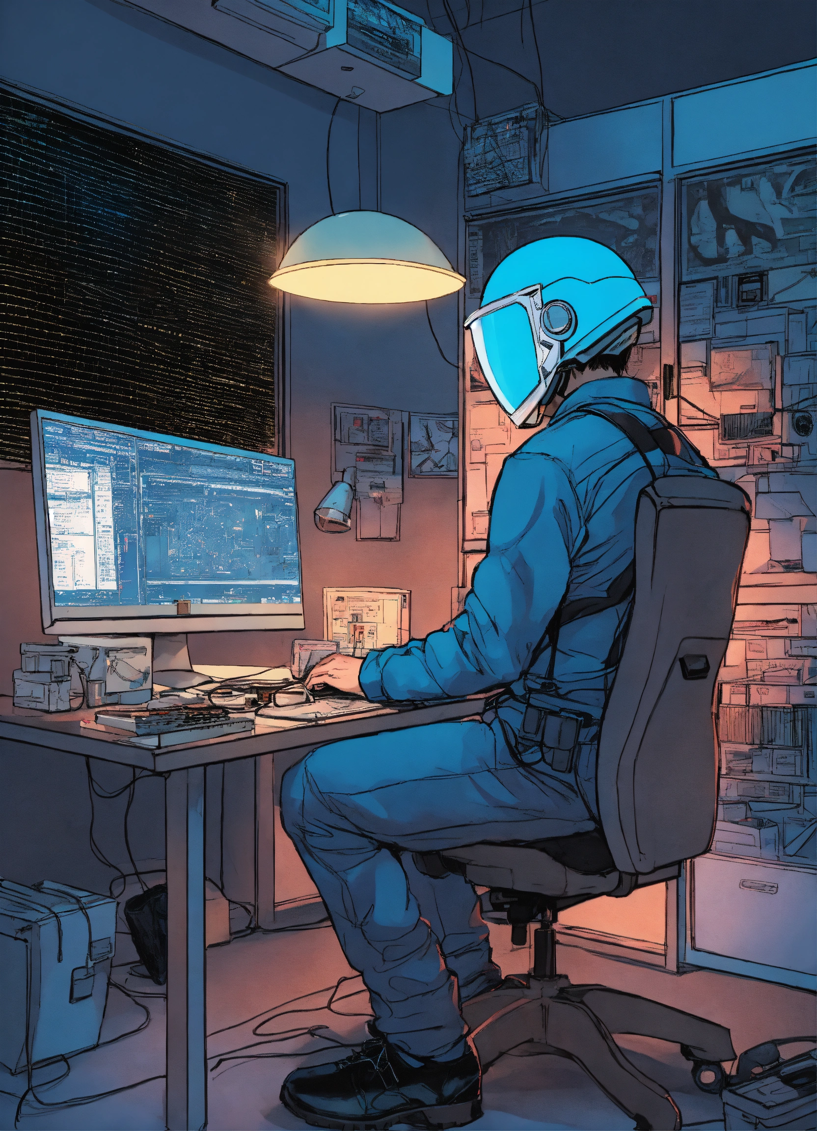 Lexica - A comic drawing Man sitting in front of a computer with a ...