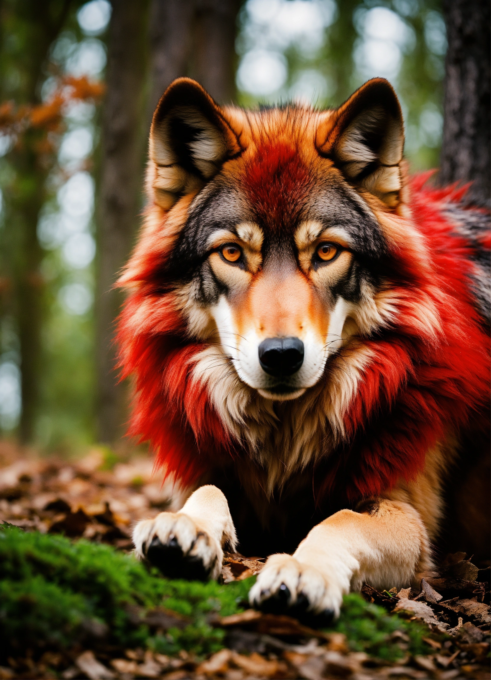 Lexica - Massive, red fur, wolf, in the woods, red eyes, up close